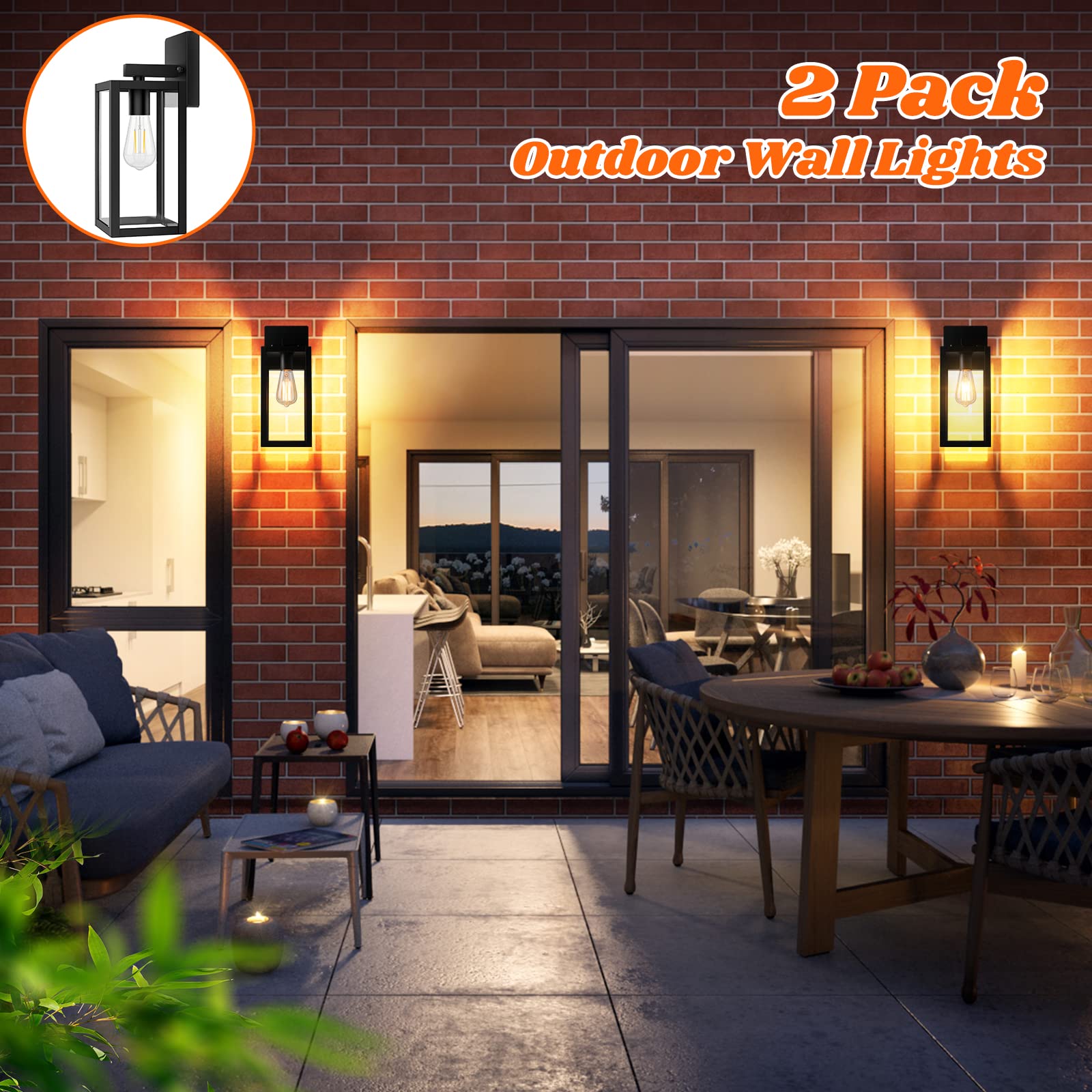 2-Pack Outdoor Light Fixtures Wall Mount, Waterproof Exterior Wall Lanterns with Clear Glass, Anti-Rust Outside Black Wall Sconces, Front Porch Lights for House Garage Doorway, Bulbs Not Included