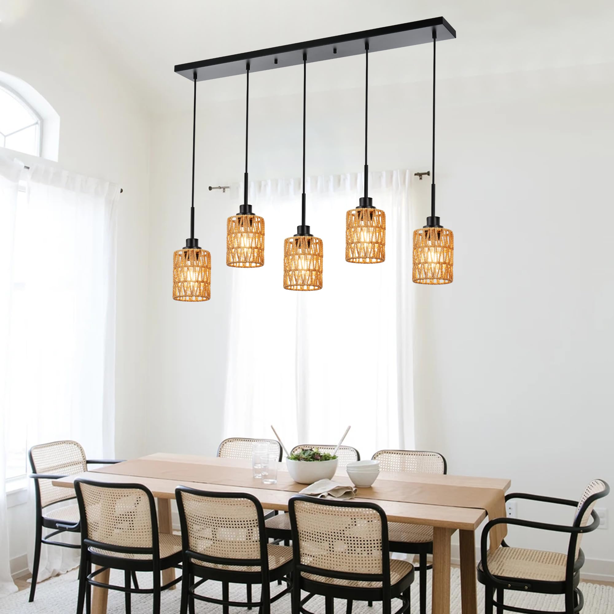 2 Pack Rattan Hanging Light Fixture Boho Pendant Light Black Adjustable Dining Table Light Fixture with Rattan Lamp Shade, Set of Two Mini Pendant Lighting for Kitchen Island Hallway Stair