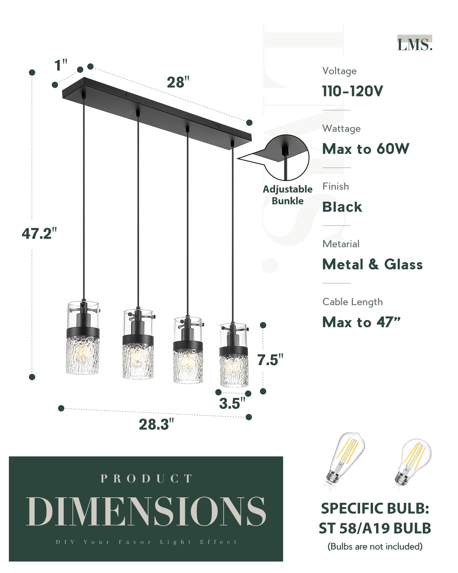 LMS 4-Light Island Lights, Farmhouse Light Fixtures with Hammered Glass Shade, Matte Black Linear Chandelier Pendant Lighting Over Table for Adjustable Height, Kitchen Island, LMS-171BK-4