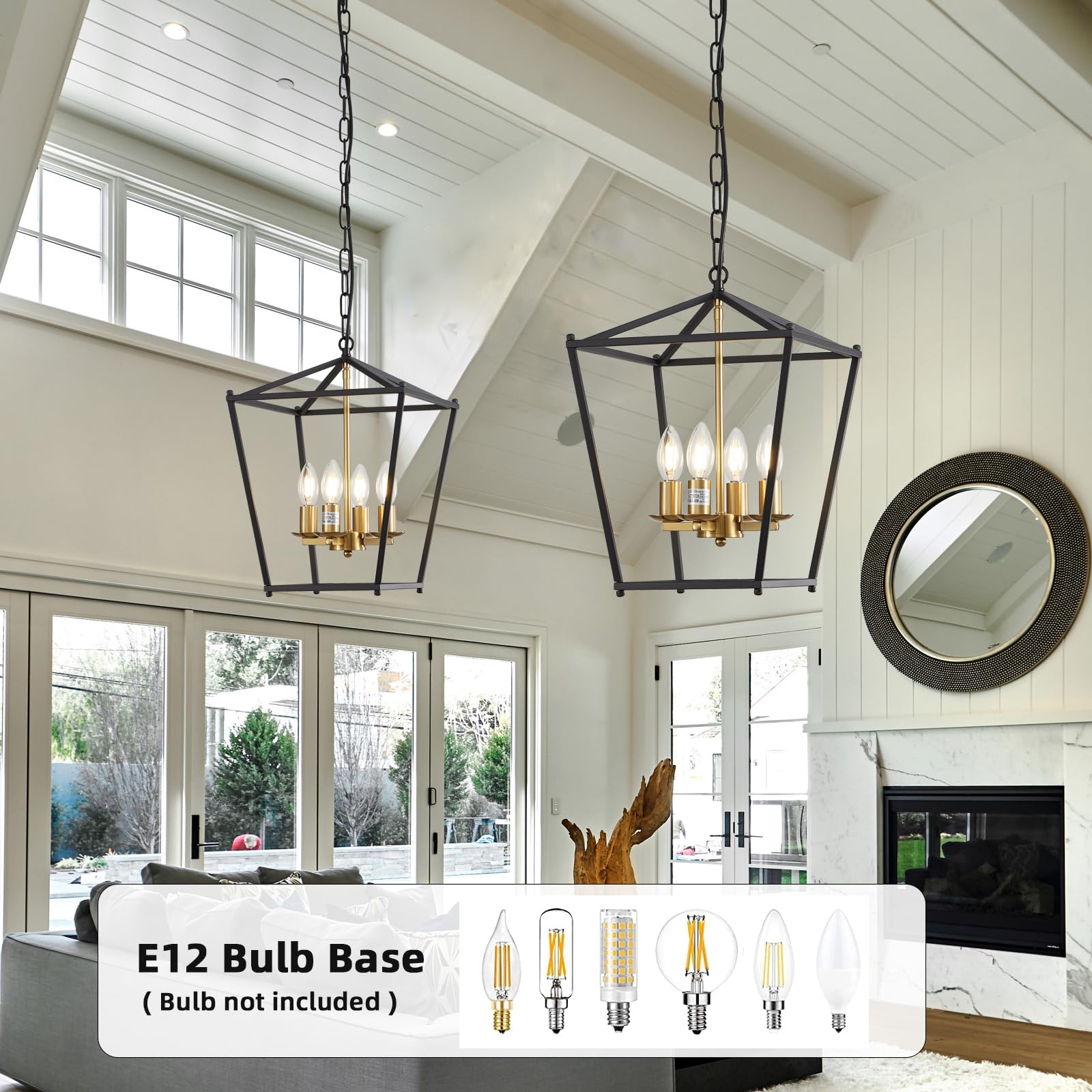 Gold Pendant Light for Dining Room, Lantern Chandelier Light Fixture 4 Lights for Kitchen Island Adjustable Brass Geometric Hanging Light for Foyer Entryway