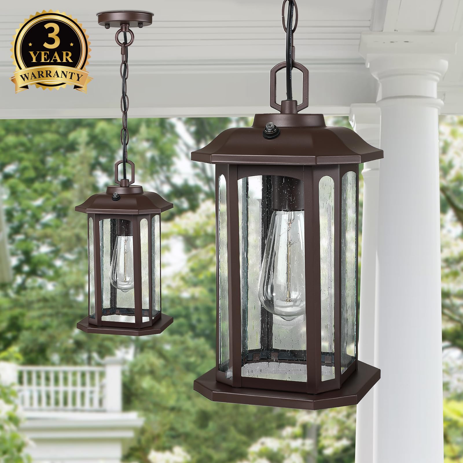 Outdoor Pendant Lights for Porch, Black Hanging Porch Light with Seeded Glass, Waterproof Outdoor Chandelier Farmhouse Outdoor Ceiling Light Fixture Lanterns, 1Pack