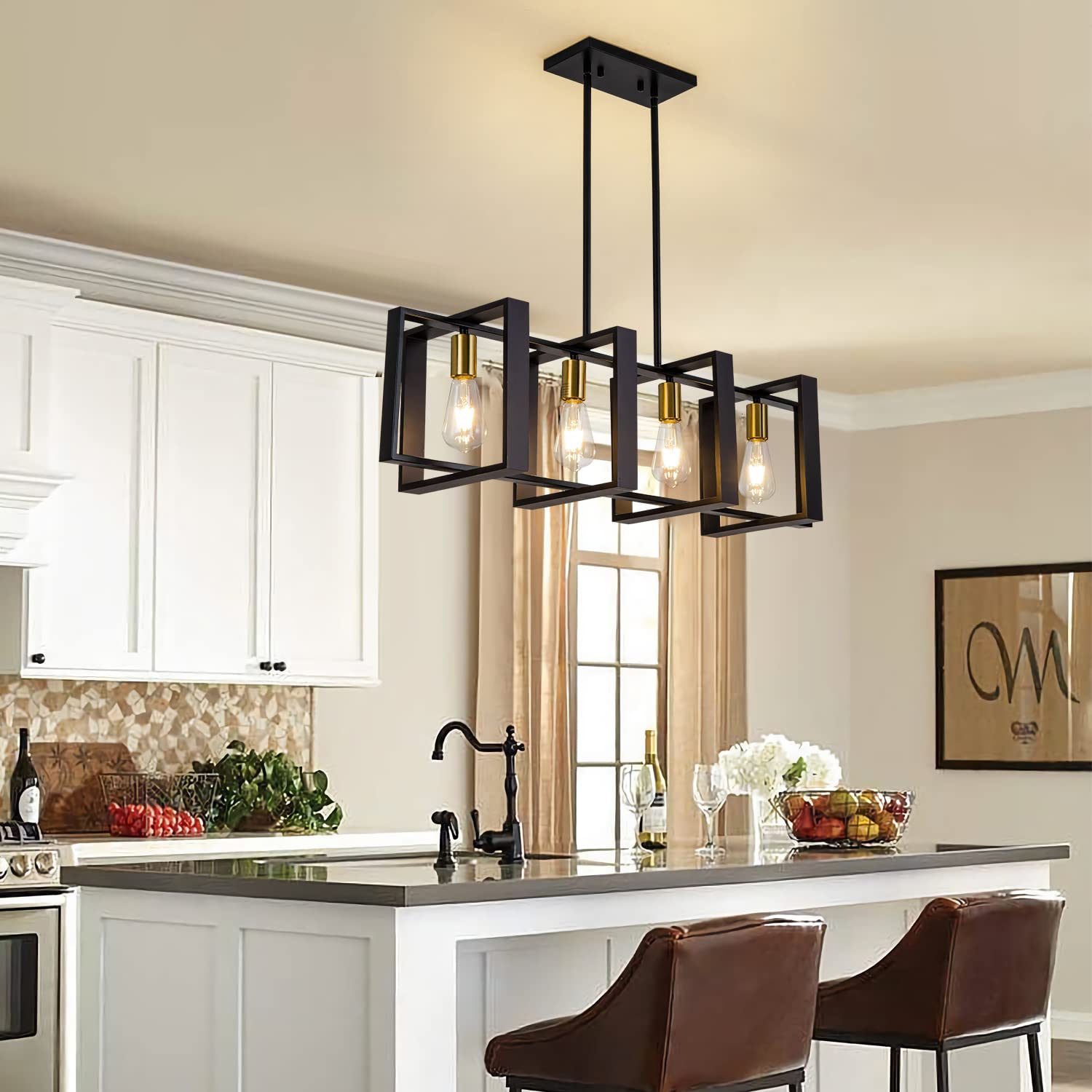 Farmhouse Kitchen Island Lighting Black Chandeliers for Dining Room Wooden Island Lights,Industrial Rectangle Light Fixtures Ceiling Hanging (4 Lights)