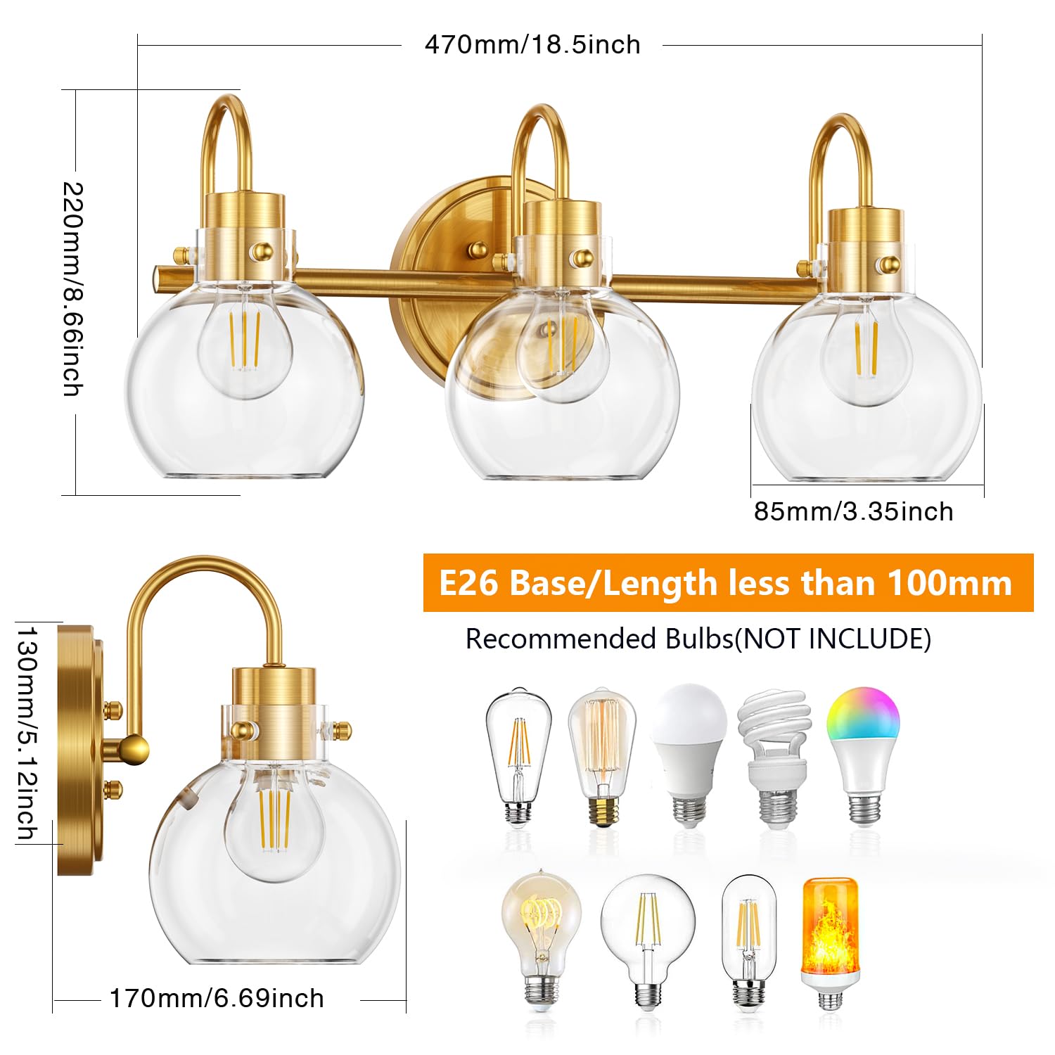 3 Lights Vanity Light, Brushed Nickel Bathroom Light Fixtures, Farmhouse Wall Sconces with Globe Clear Glass Shade, Porch Wall Mount Lamp for Mirror, Kitchen, Porch, Living Room, Workshop (E26 Base)