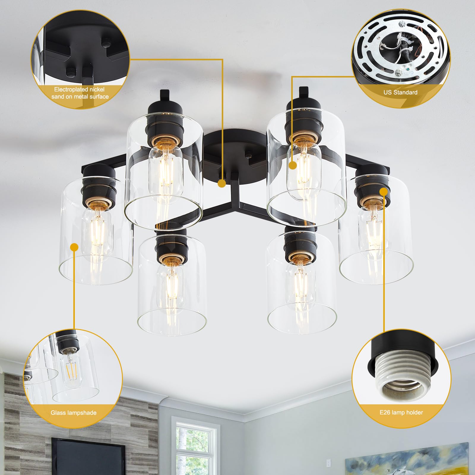 6 Light Semi Flush Mount Ceiling Light, Kitchen Lighting Fixtures Ceiling, Industrial Black Ceiling Light Fixtures with Clear Glass Shade for Hallway, Foyer, Farmhouse, Bedroom, Living Room