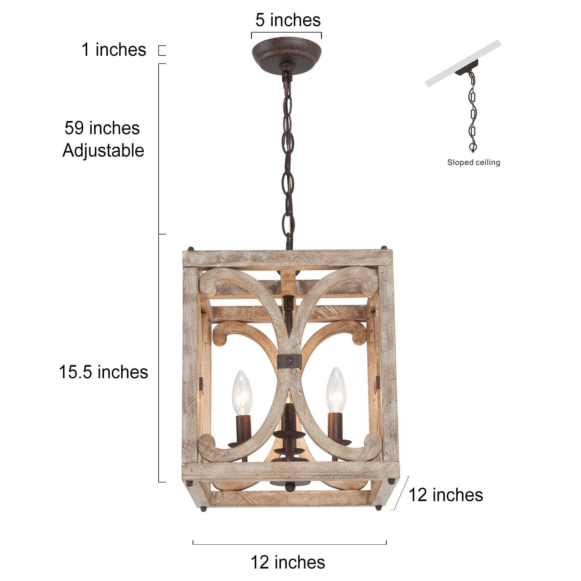 Farmhouse Chandelier, 4-Light Rustic Wood Cage Dining Room Chandelier Over Table, Wooden Square Chandeliers Hanging Light Fixture for Bedrooms, Kitchen Island, Entryway, Foyer