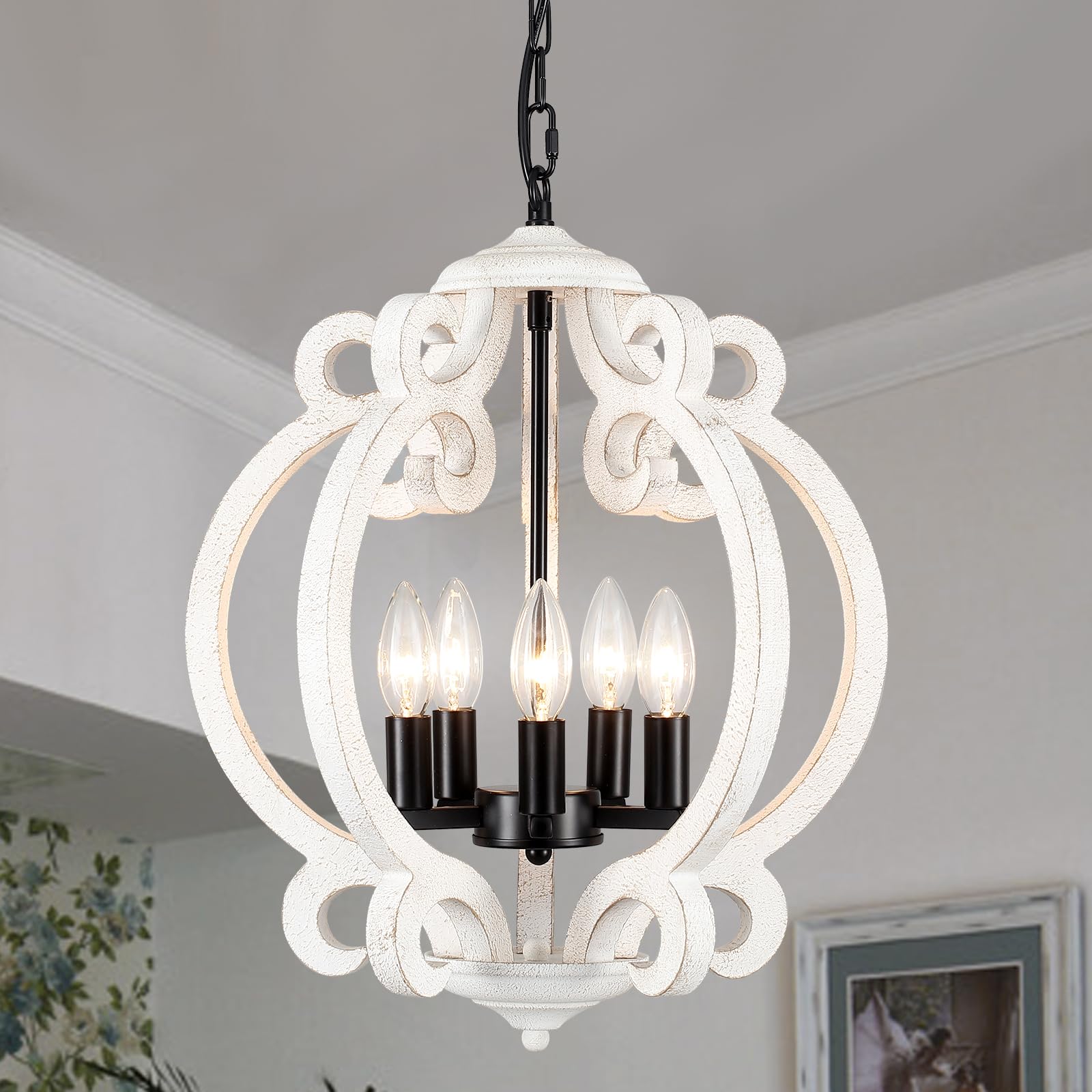 Wooden Chandeliers for Dining Room, 5 Lights Farmhouse Orb Chandeliers Antique White & Black French Country Chandelier for Living Room Kitchen Foyer