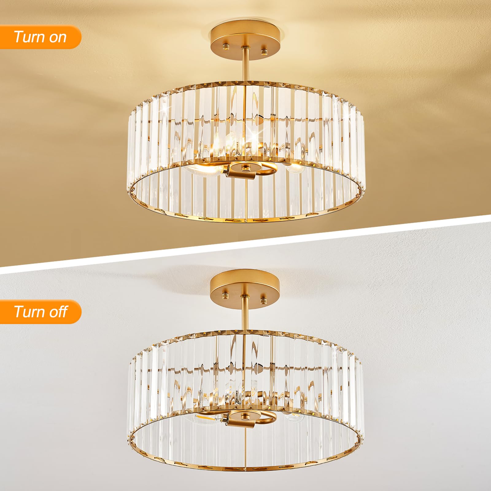 Modern Gold Semi Flush Mount Ceiling Light Crystal Hallway Light Fixture Metal Close to Ceiling Lamp for Kitchen Living Room Bathroom Entryway Bedroom