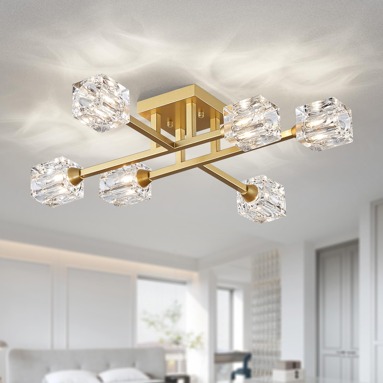 8-Light Semi Flush Mount Ceiling Light Fixture Modern Antique Gold Sputnik Chandeliers Fashion Lighting for Bedroom Dining Room Farmhouse Kitchen Office