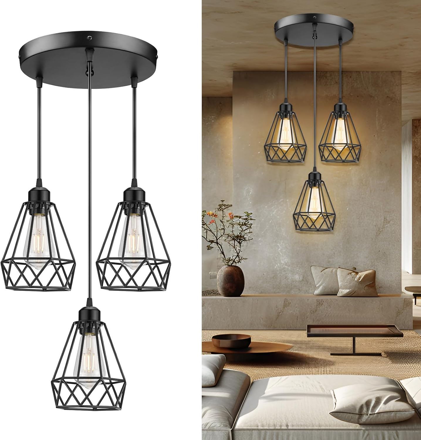 Industrial 3-Light Pendant Light Fixtures, Adjustable Farmhouse Hanging Pendant Lighting for Kitchen Island, E26 Base, Black Metal Cage Pendant Ceiling Lamp for Dining Room Kitchen