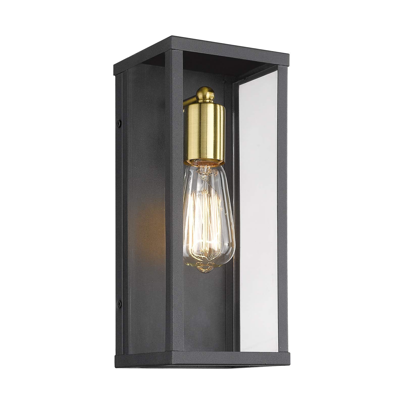 1-Light Outdoor Wall Light, Exterior Porch Light Wall Mount Lantern Sconce, Matte Black & Brushed Brass Finish with Clear Glass Light Fixture, KW-7224