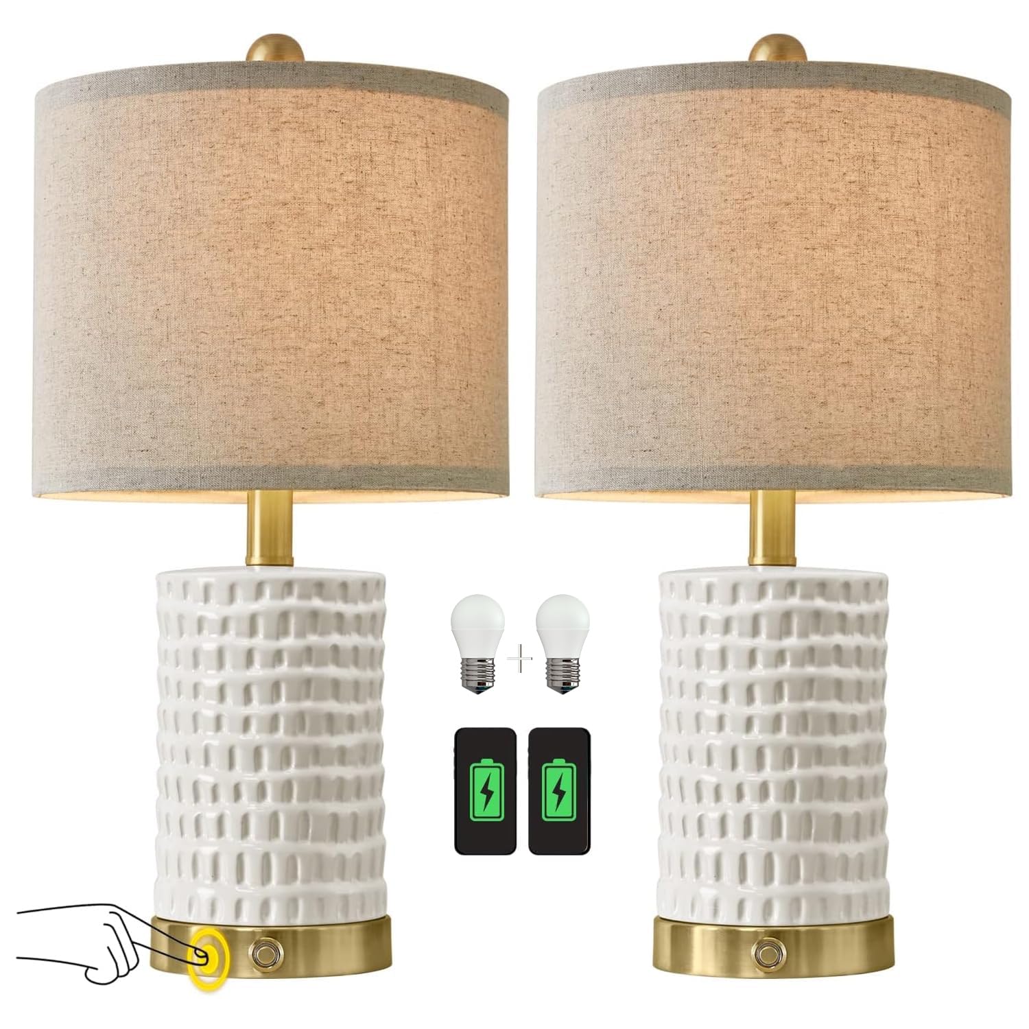 24" Farmhouse Ceramic Table Lamp Set of 2 for Bedroom Living Room White Desk Decor Bedside Lamps for Study Room Office Dorm Modern Accent Nightstand Lamp End Table Lamps