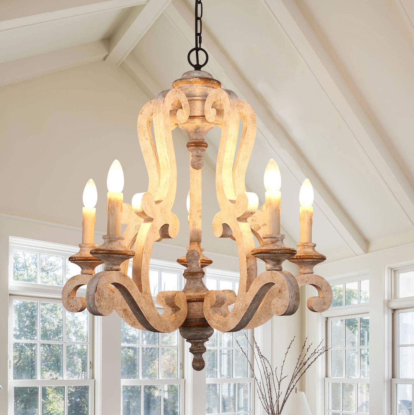 Cottage Wooden Chandelier, 6 Candle Light Farmhouse Chandelier, French Country Chandeleir with Adjustable Chain for Dining Room, Kitchen,Bedroom, Foyer and Entryway