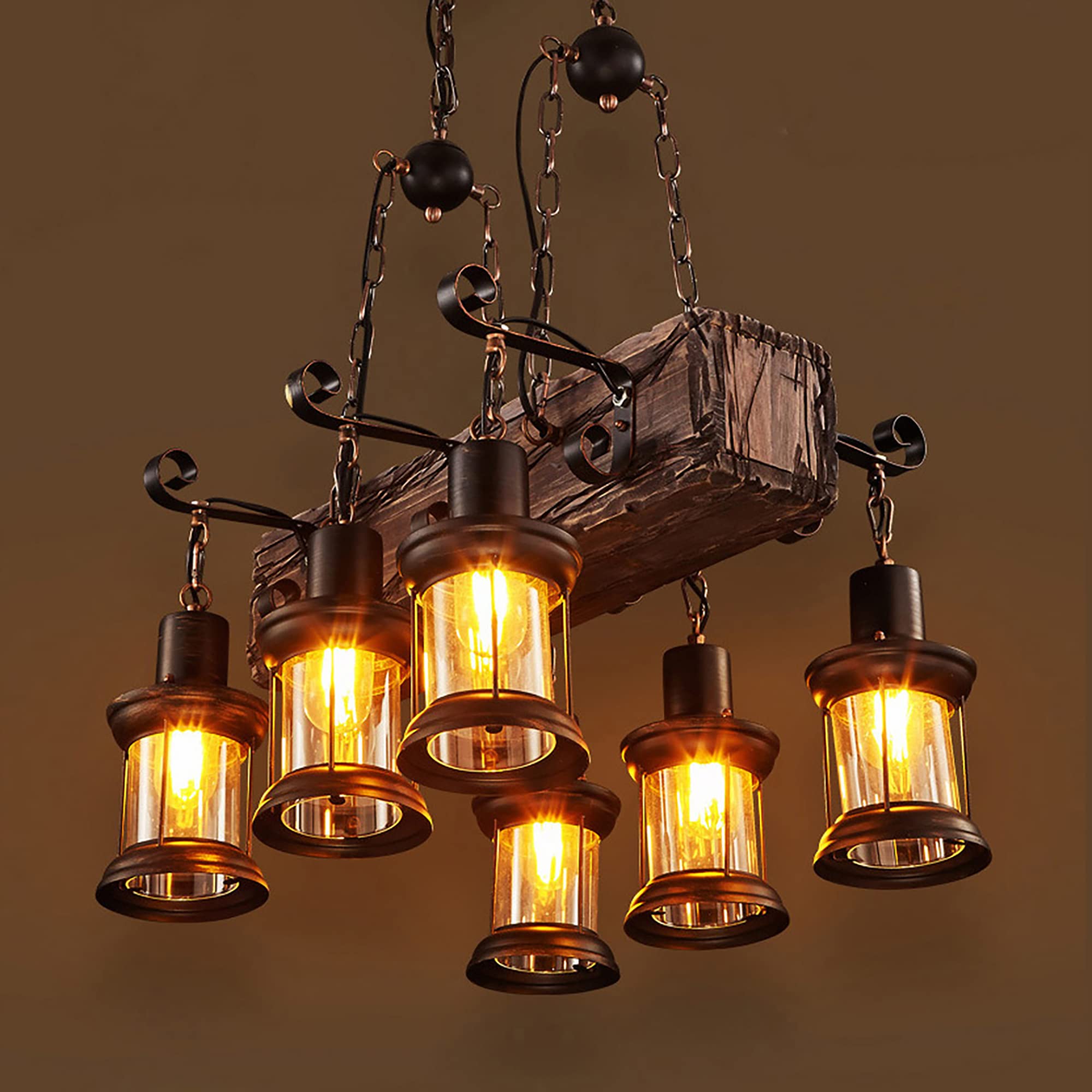 6-Lights Retro Farmhouse Chandelier, Industrial Wood Beam Pendant Light Metal Glass Lampshade Hanging Lighting Fixture for Kitchen Island Pool Table Bar