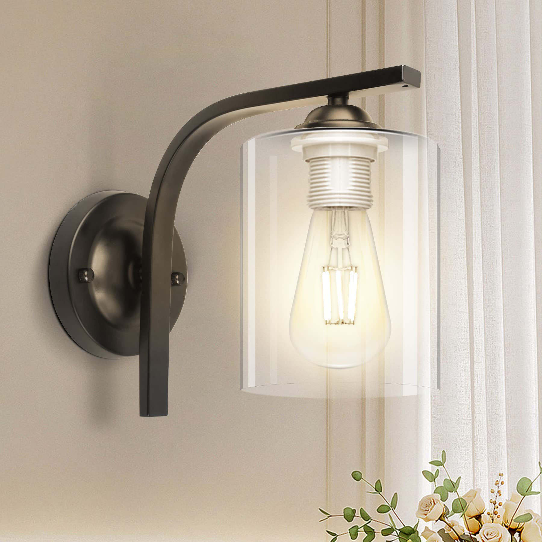 Wall Sconce 1 Light, Modern Wall Light Fixture, Bathroom Vanity Lights with Matte Black Wall Lamp for Bedroom Kitchen Hallway Porch, Milky White Glass Shades, E26 Socket, Bulbs Not Included