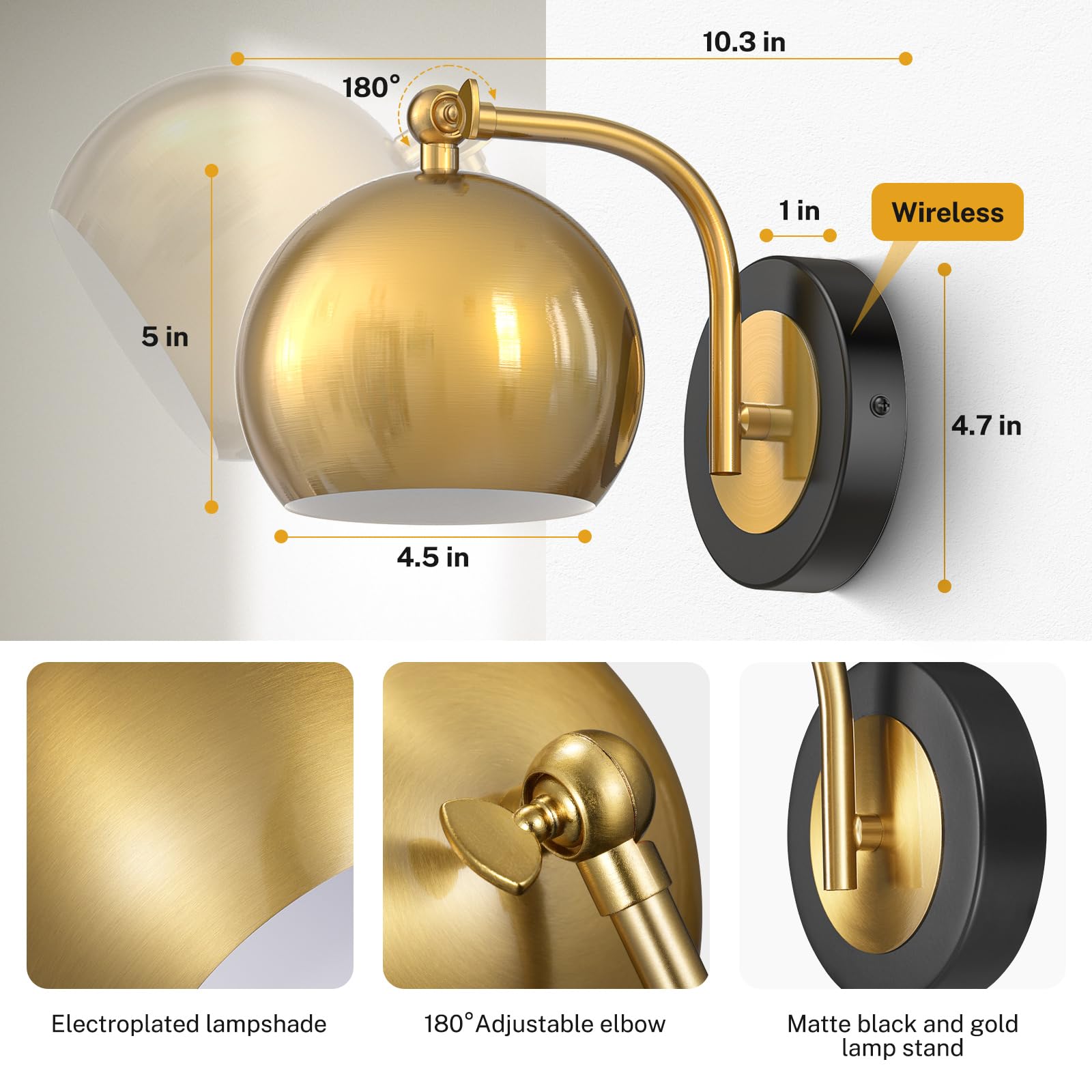 Wall Sconces Battery Operated, Gold Wall Sconce Battery Operated with Remote Set of 2, Not Hardwired Dimmable Battery Wall Sconce, Wireless Wall Lamp/Light for Bedroom, LED Bulb Included