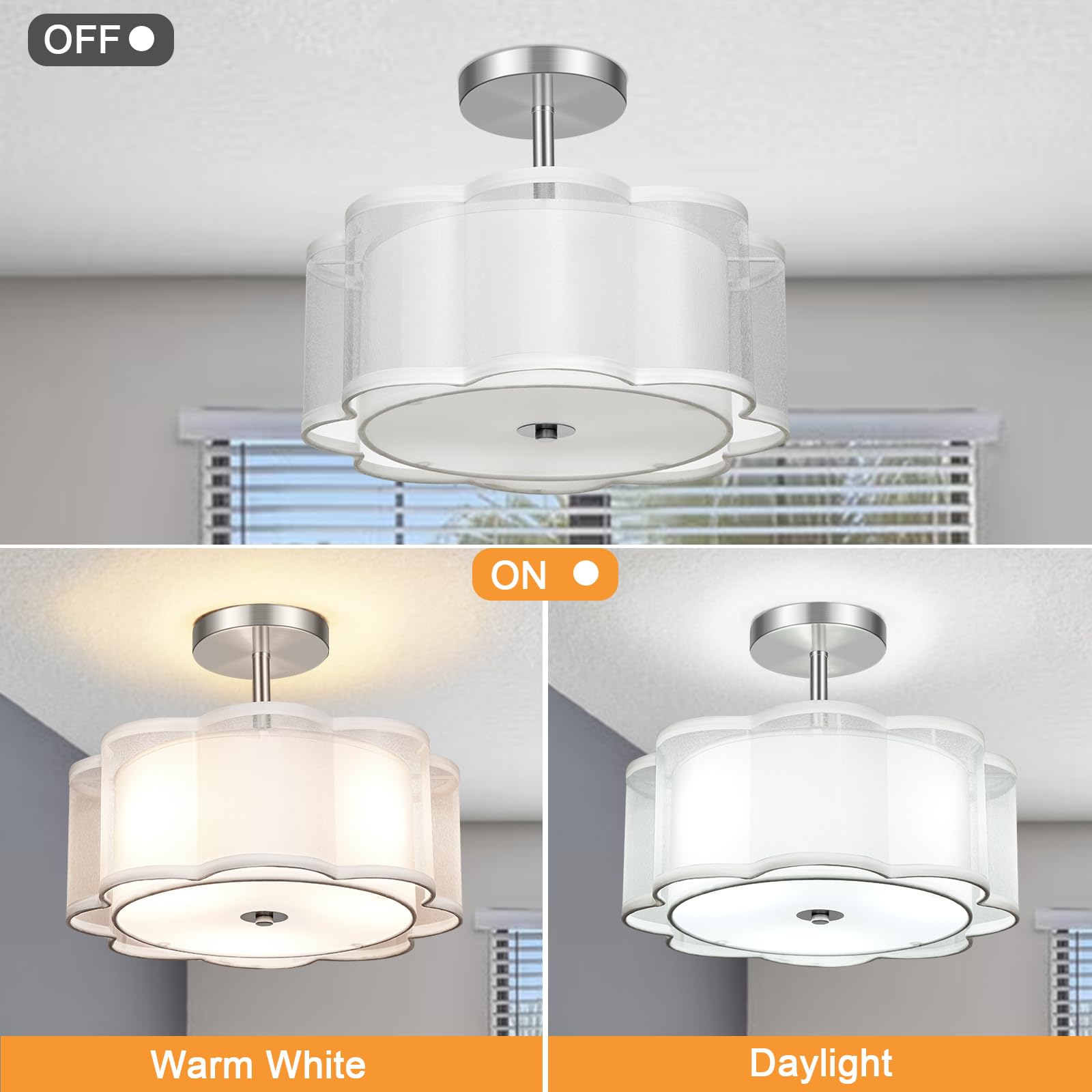 3-Light Semi Flush Mount Ceiling Light Fixture - Easric Modern Light Fixtures Ceiling Mount Drum Light Fixture with Double Fabric Shade Closed to Ceiling Lamp for Bedroom Kitchen Hallway Foyer, White