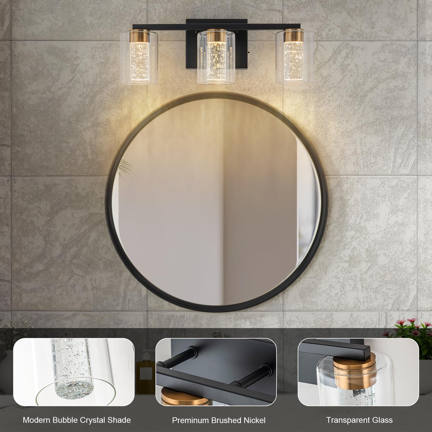 2-Light Brushed Nickel Vanity Light with 3 Color Modes (3000K/4000K/6000K), Eye Protection LED Bathroom Light Fixture, Dimmable Modern Wall Light Over Mirror with Clear Glass Shade