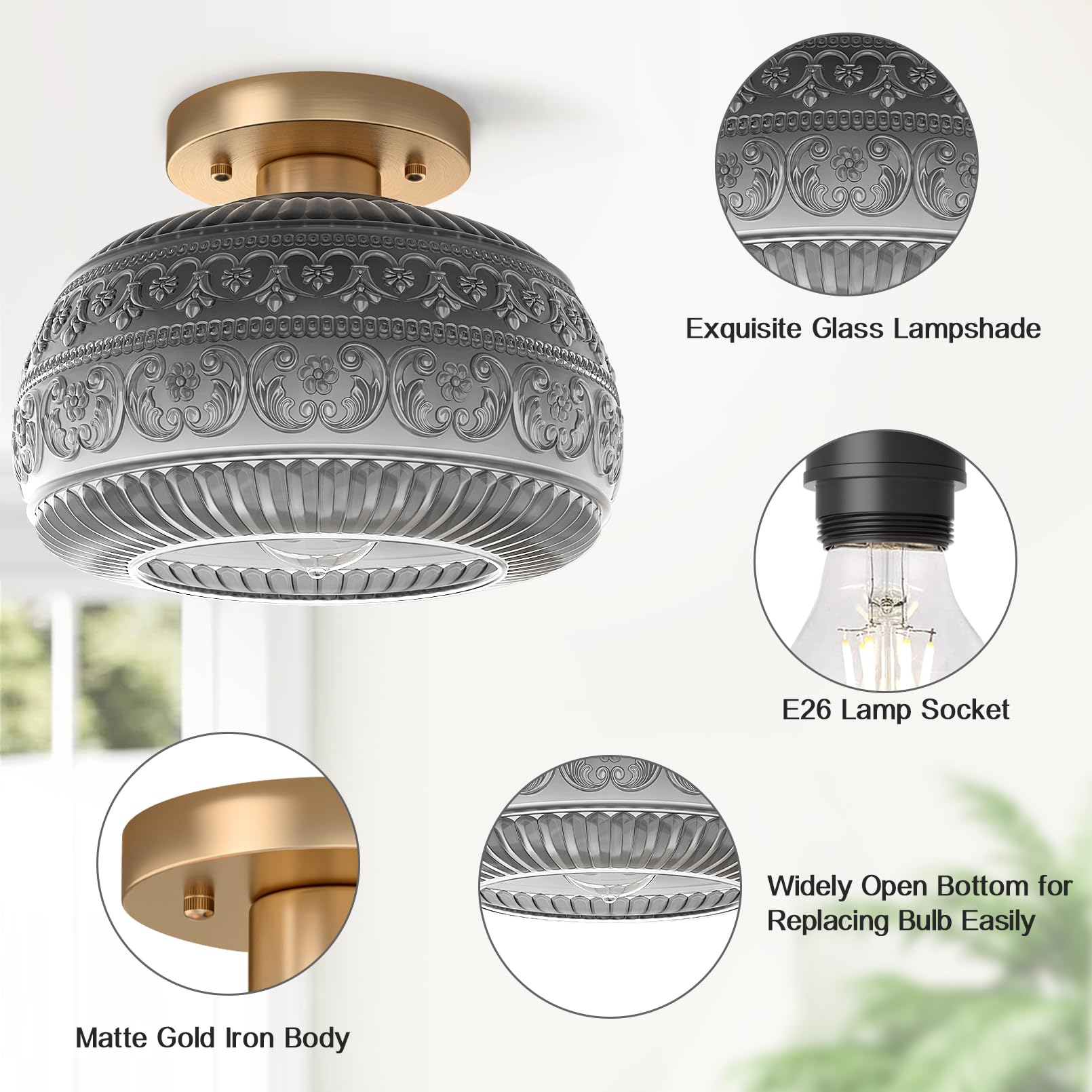 Semi Flush Mount Ceiling Light, Upgraded Modern Close to Ceiling Light Fixture with Clear Glass,Gold Indoor Kitchen Lighting for Porch Corridor Hallway Bedroom, Bulb Not Included