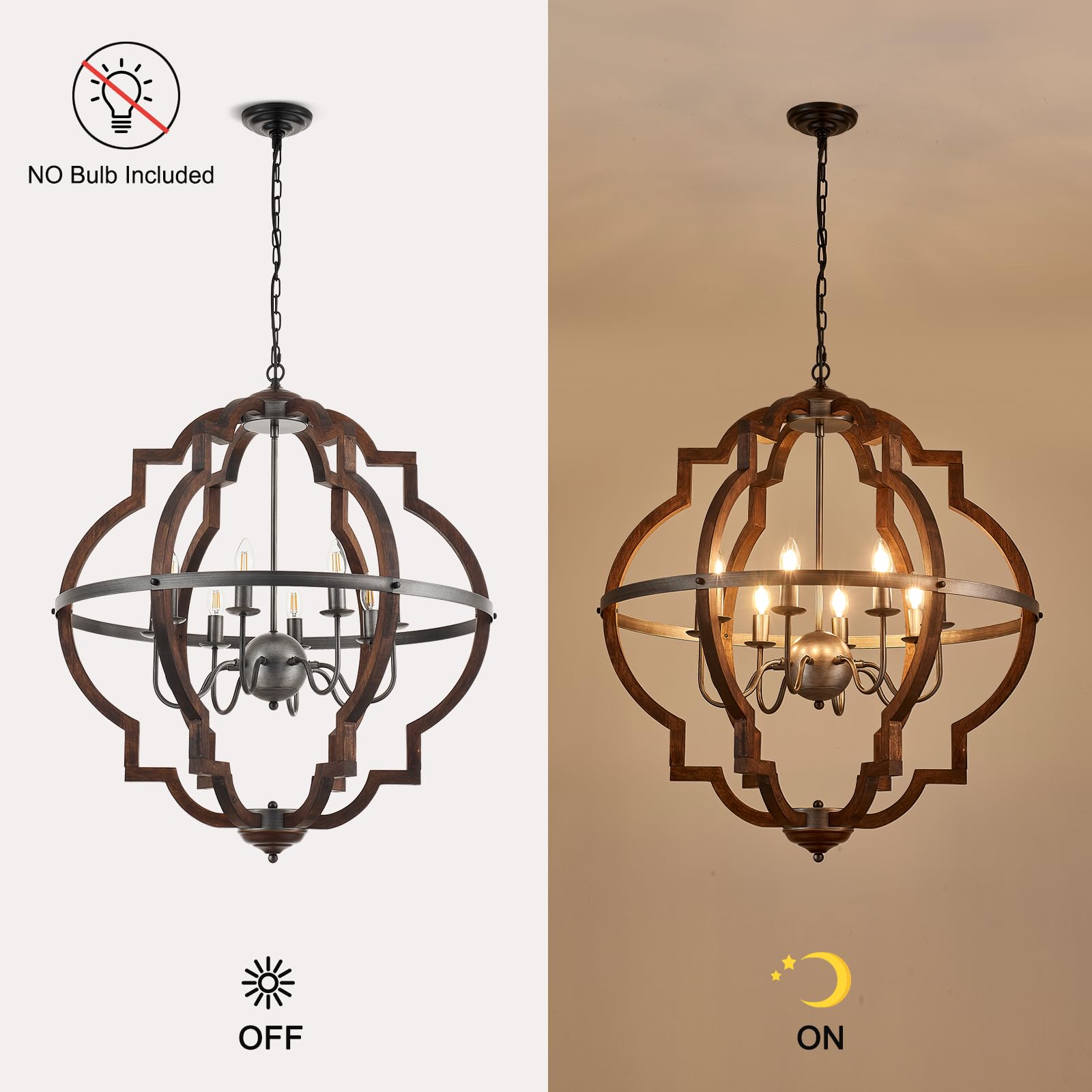 Wood Chandelier Light Fixture Antique Farmhouse 23.6" Caged Candle Style Ord Chandelier Industrial Rustic 6-Lights Wooden Chandelier for Dining Room, Kitchen, Living Room, Bedroom, E12