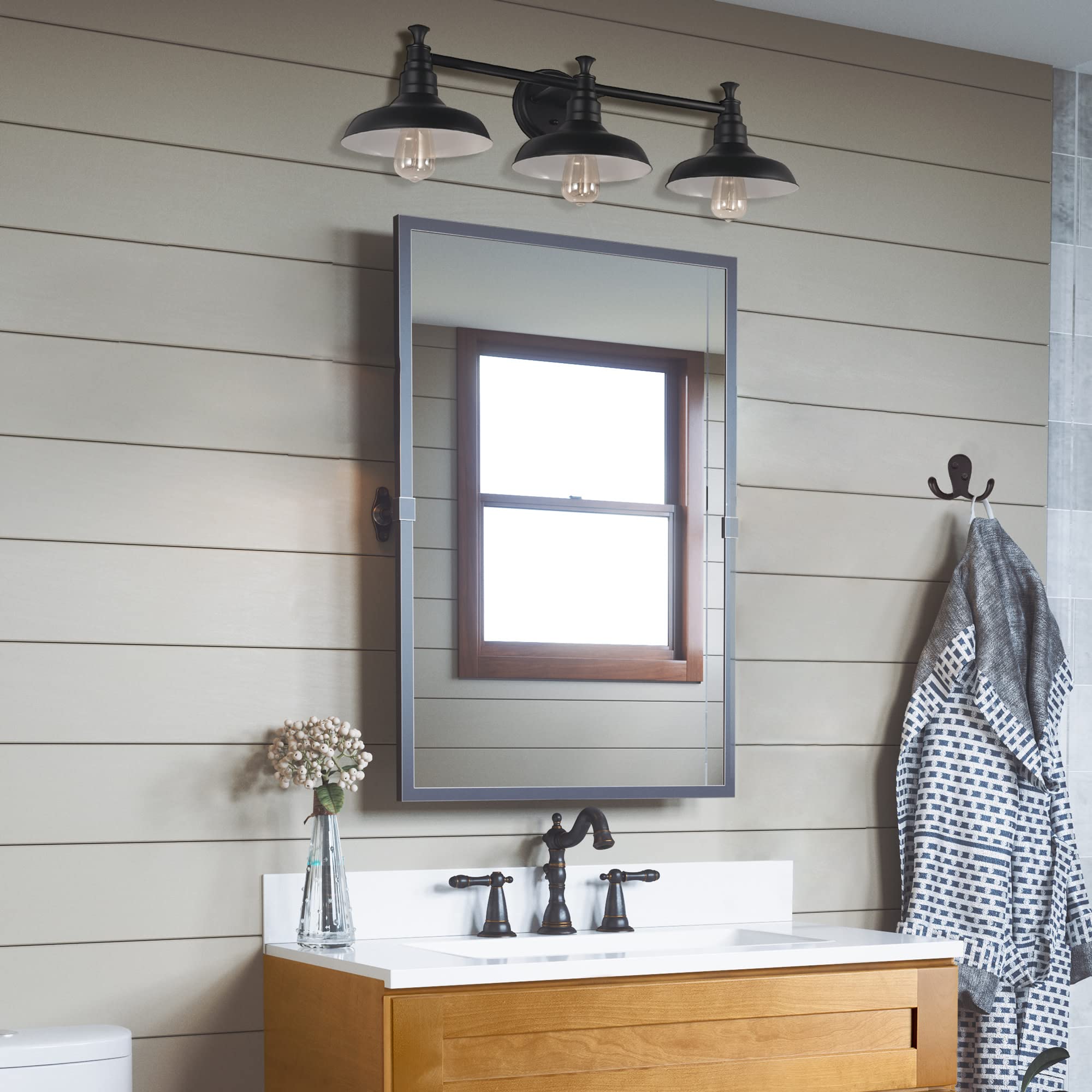 Industrial Farmhouse 3-Light Indoor Bathroom Vanity Light with Metal Shades for Over the Mirror, Galvanized Paint