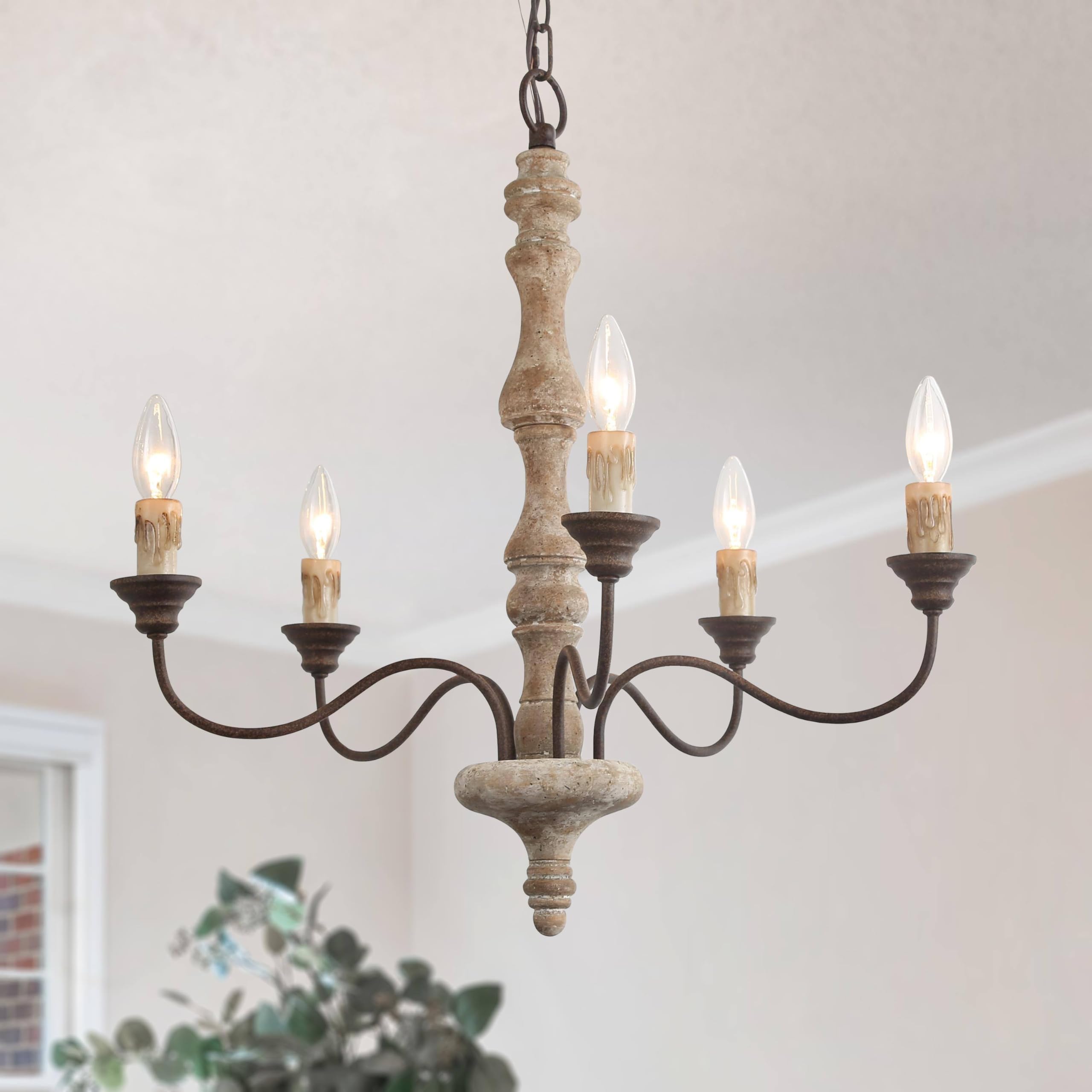 Farmhouse Chandelier, 6-Light Wood French Country Chandelier, Rustic Wooden Chandeliers Light Fixture for Dining Room, Living Room, Bedrooms, Foyer, Stairway, Distressed Wood and Rust Colored