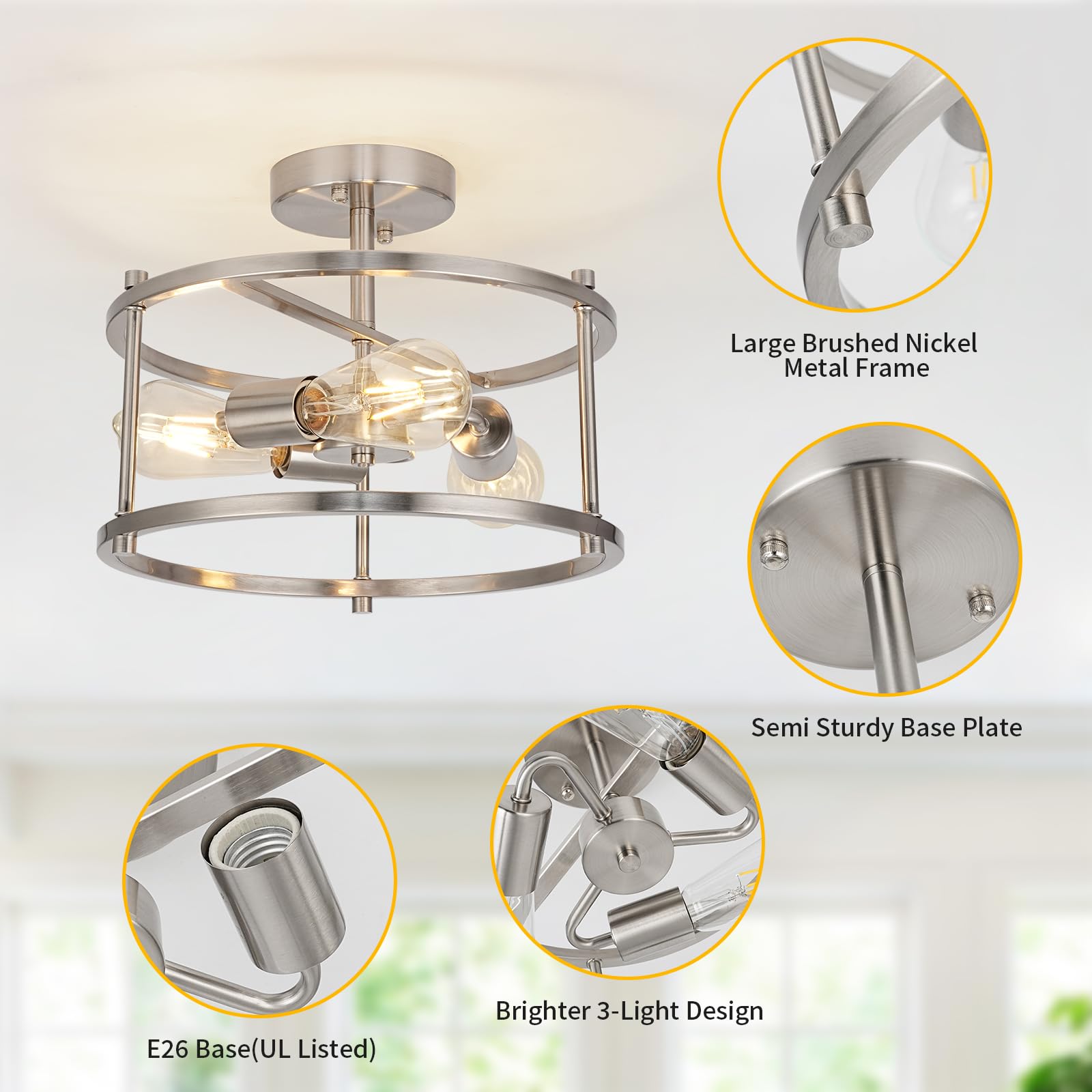 Semi Flush Mount Ceiling Light Brushed Nickel Ceiling Light Fixtures 3-Light Modern Kitchen Light Fixtures Metal Cage Ceiling Lights for Bedroom Dining Room Living Room Hallway Foyer