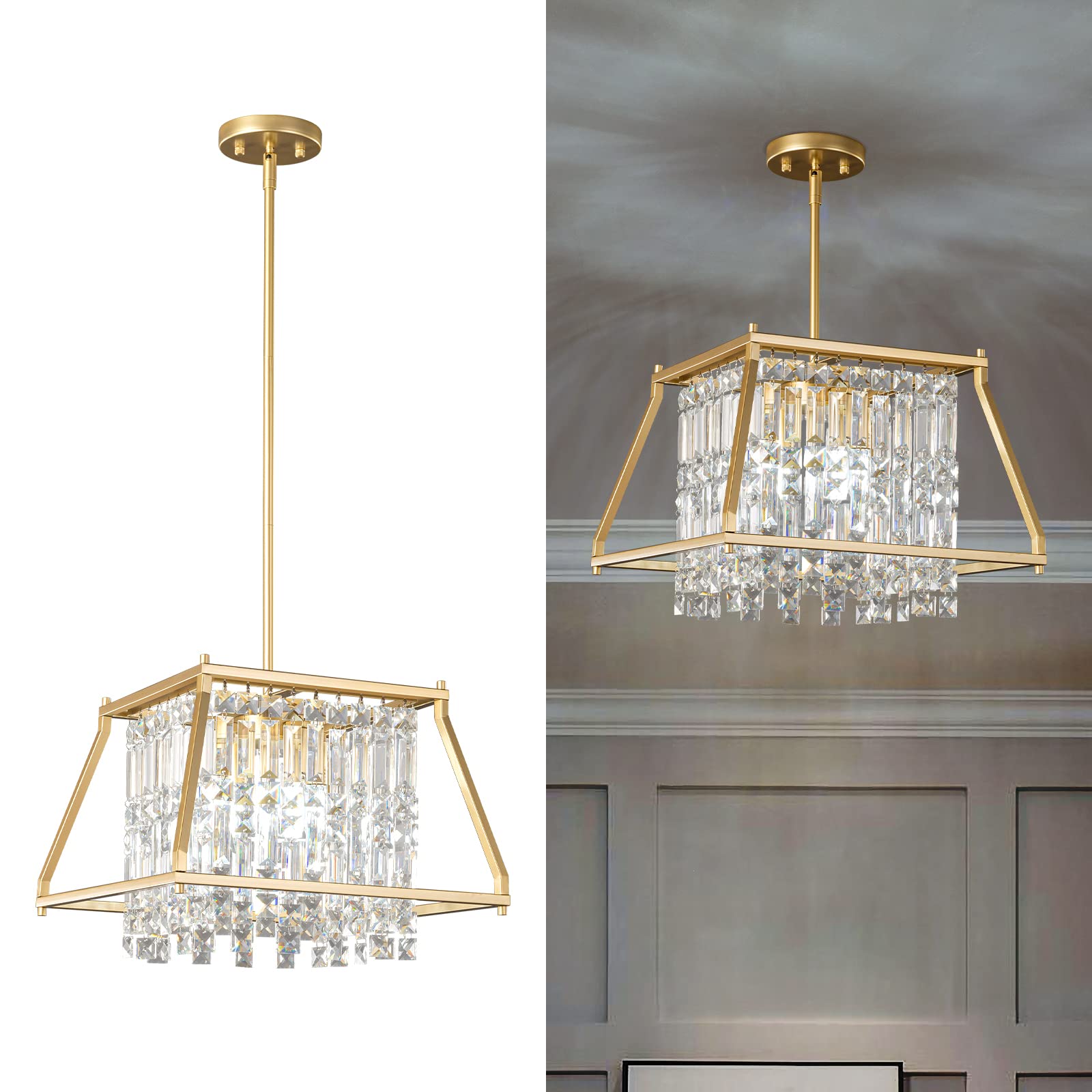 4-Light Dining Room Light Fixture 11.81 inch Square Lndustrial Farmhouse Chandelier Gold Metal Crystal Pendant Light for Kitchen Island Dining Room Living Room Flat and Inclined Ceiling