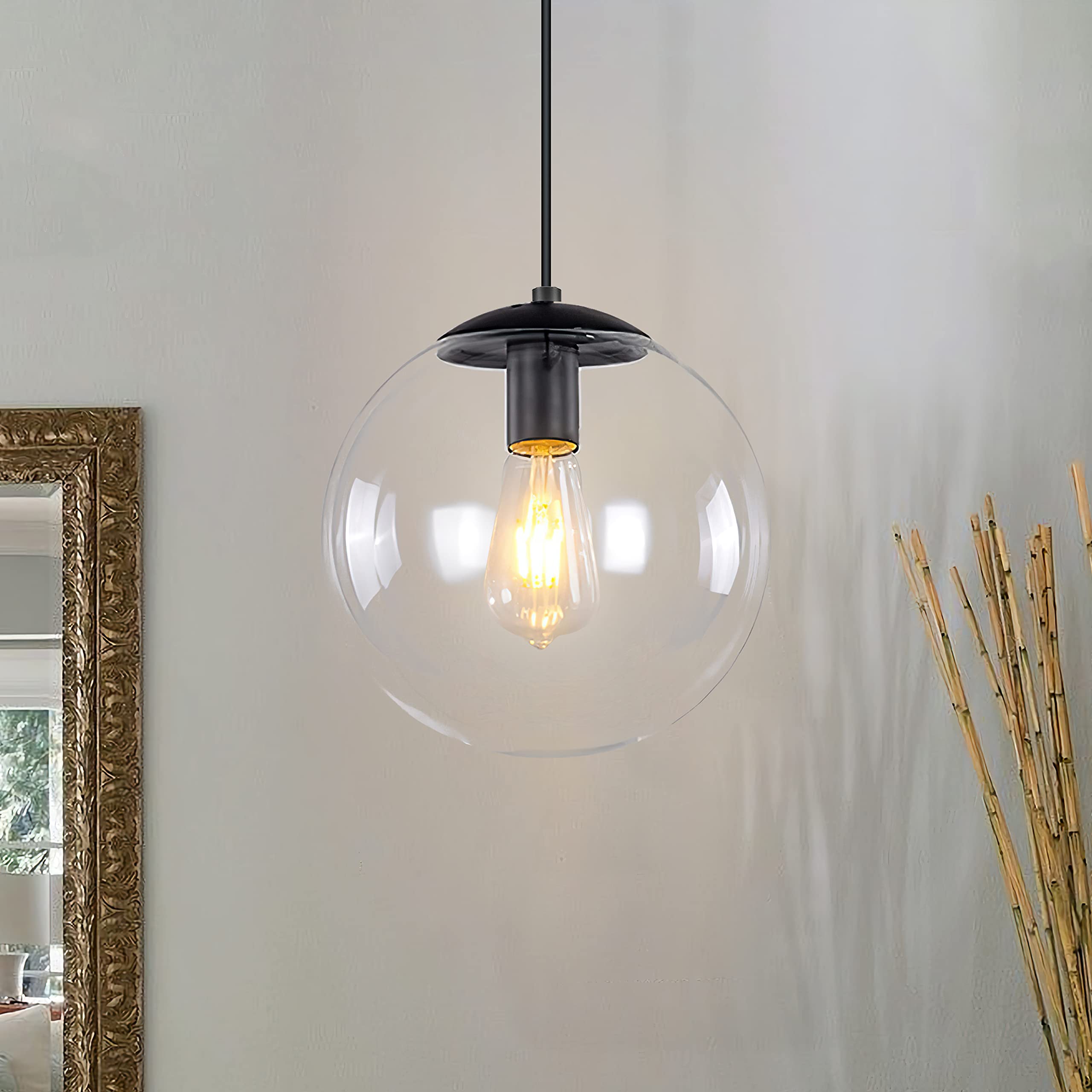 6-inch Mini Modern Globe Pendant Light Clear Glass with Brass Finish Contemporary Mid Century Adjustable Hanging Light Fixture for Living Room Bedroom Kitchen