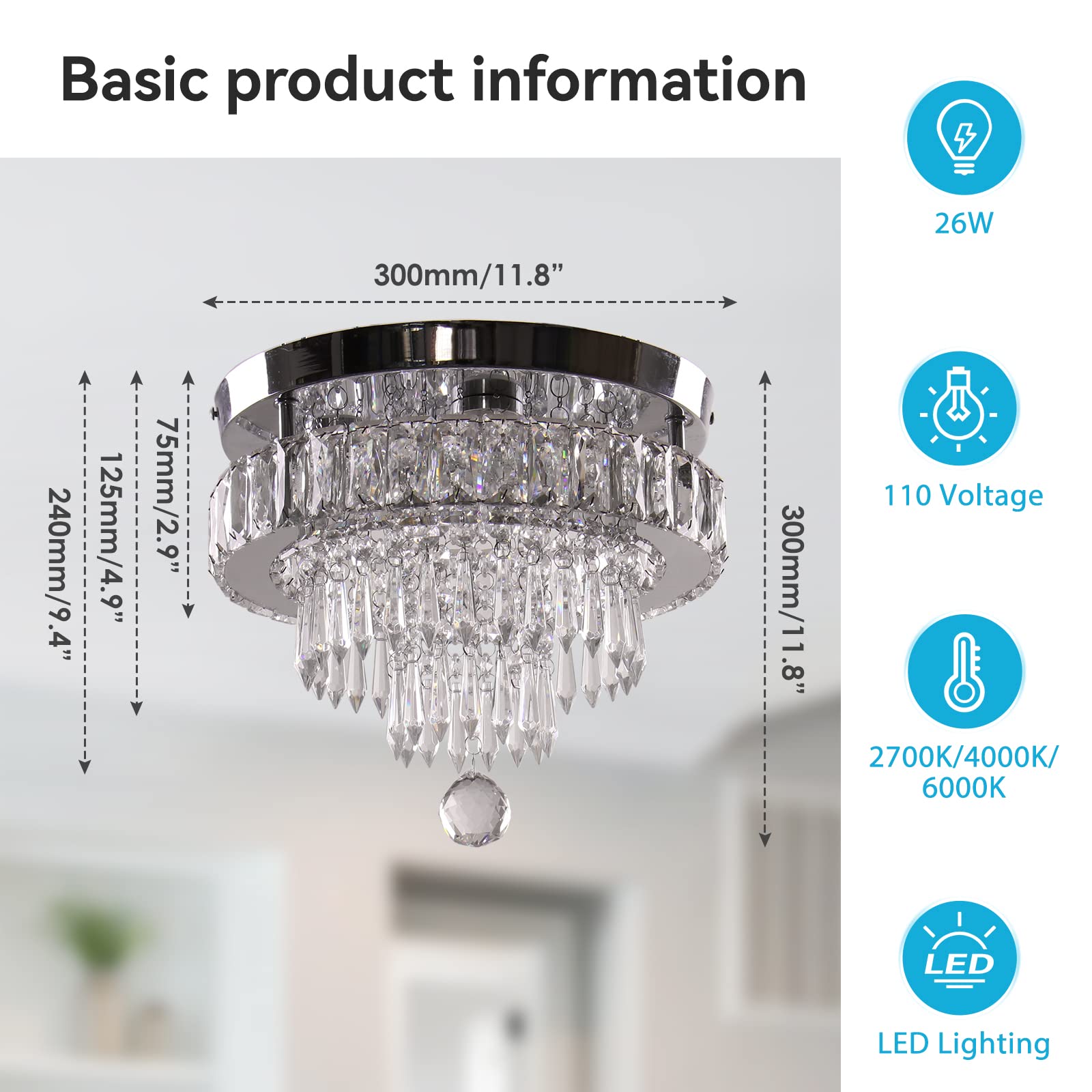 11.8" Crystal Chandelier LED Crystal Flush Mount Ceiling Light Modern Crystal Chandeliers for Bedrooms Dining Room Hallway (6500K Cool White) Without Remote Control