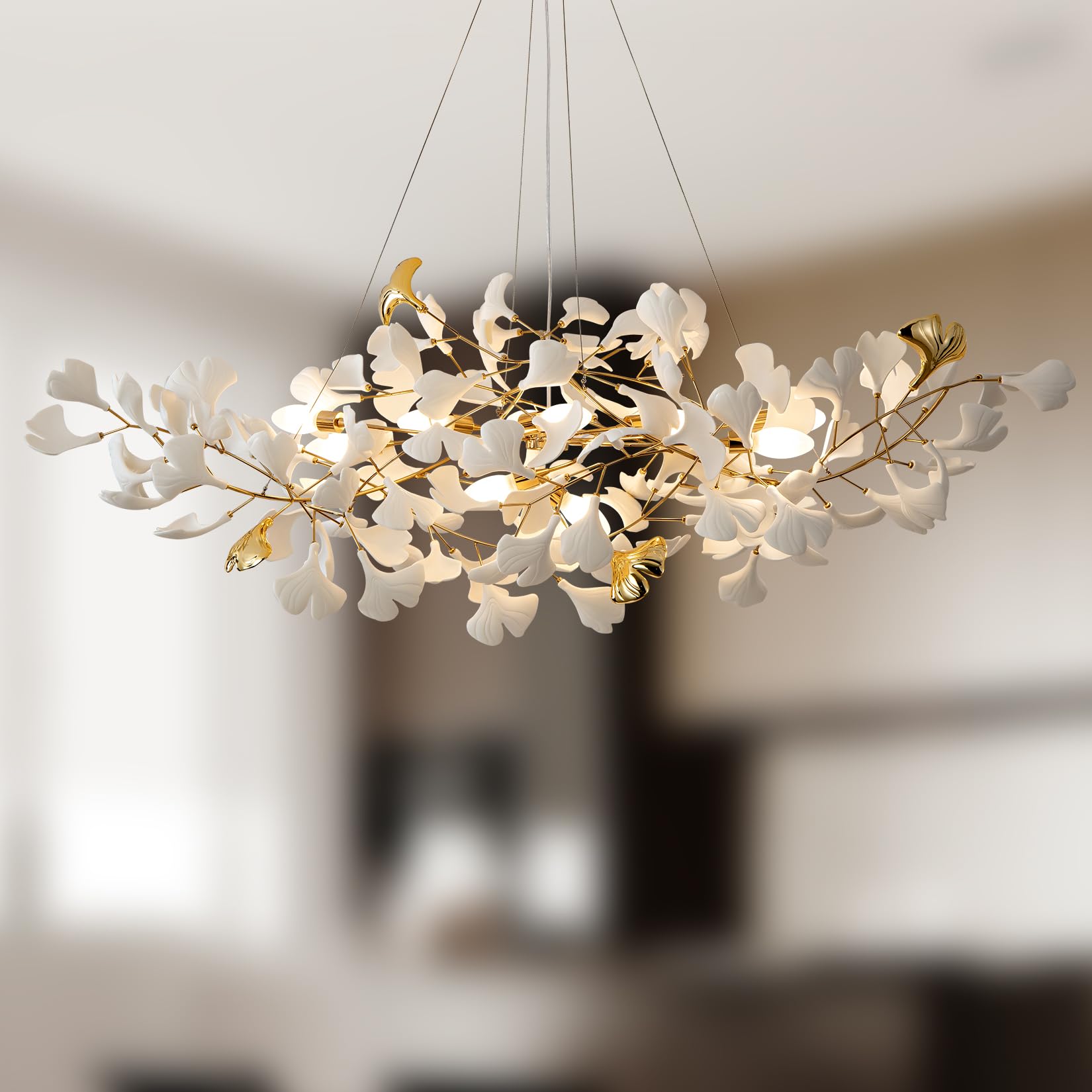 31.5 Inch Round Branch Chandelier, Gold Ceramic Chandeliers for Dining Room Bedroom, Modern Art Deco Chandeliers with Ginkgo Leaves, Luxury Hanging Lights Fixture