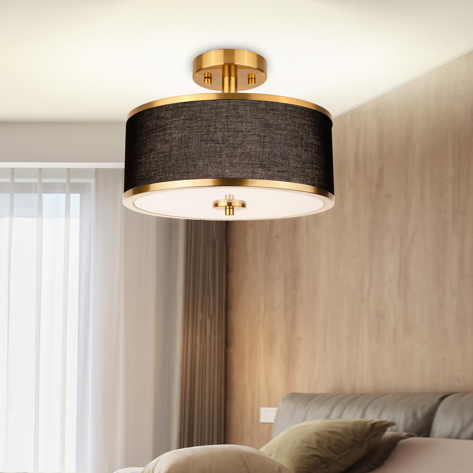 3-Light Semi Flush Mount Ceiling Light Fixture, 12.6" Gold Drum Light with Black Fabric Shade, Modern Close to Ceiling Light for Living Room Bedroom Dining Room Kitchen Hallway Entry Foyer