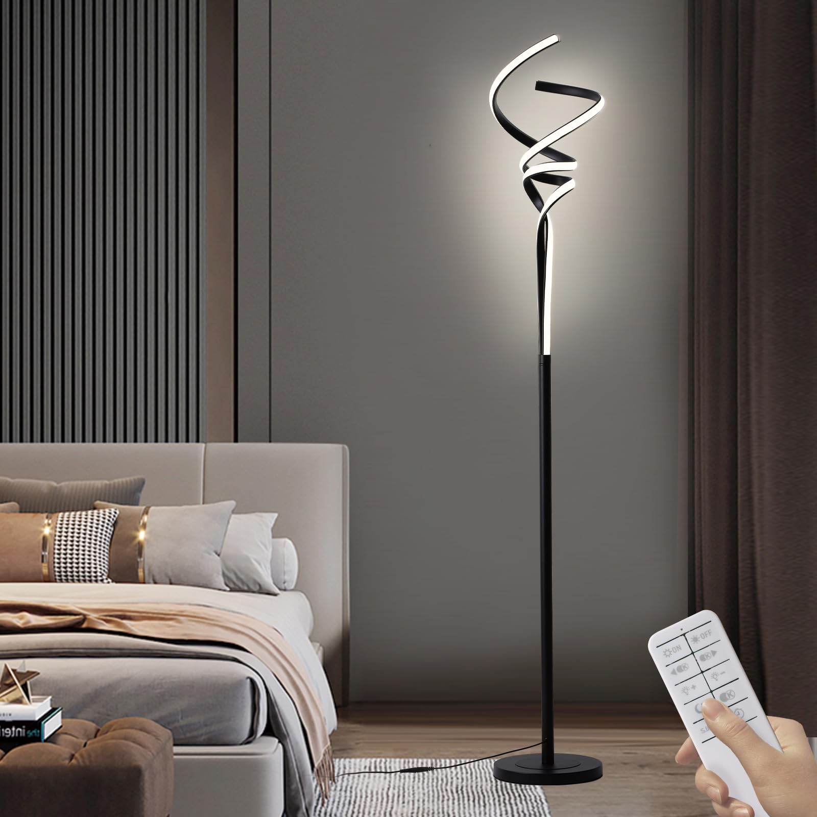 Modern Spiral Floor Lamps for Living Room, LED Spiral Floor Lamp 48W Tall Standing Lamp Timing 63"-67" Adjustable Height 3 Color Dimable Corner Black Floor Lamps for Bedroom Office