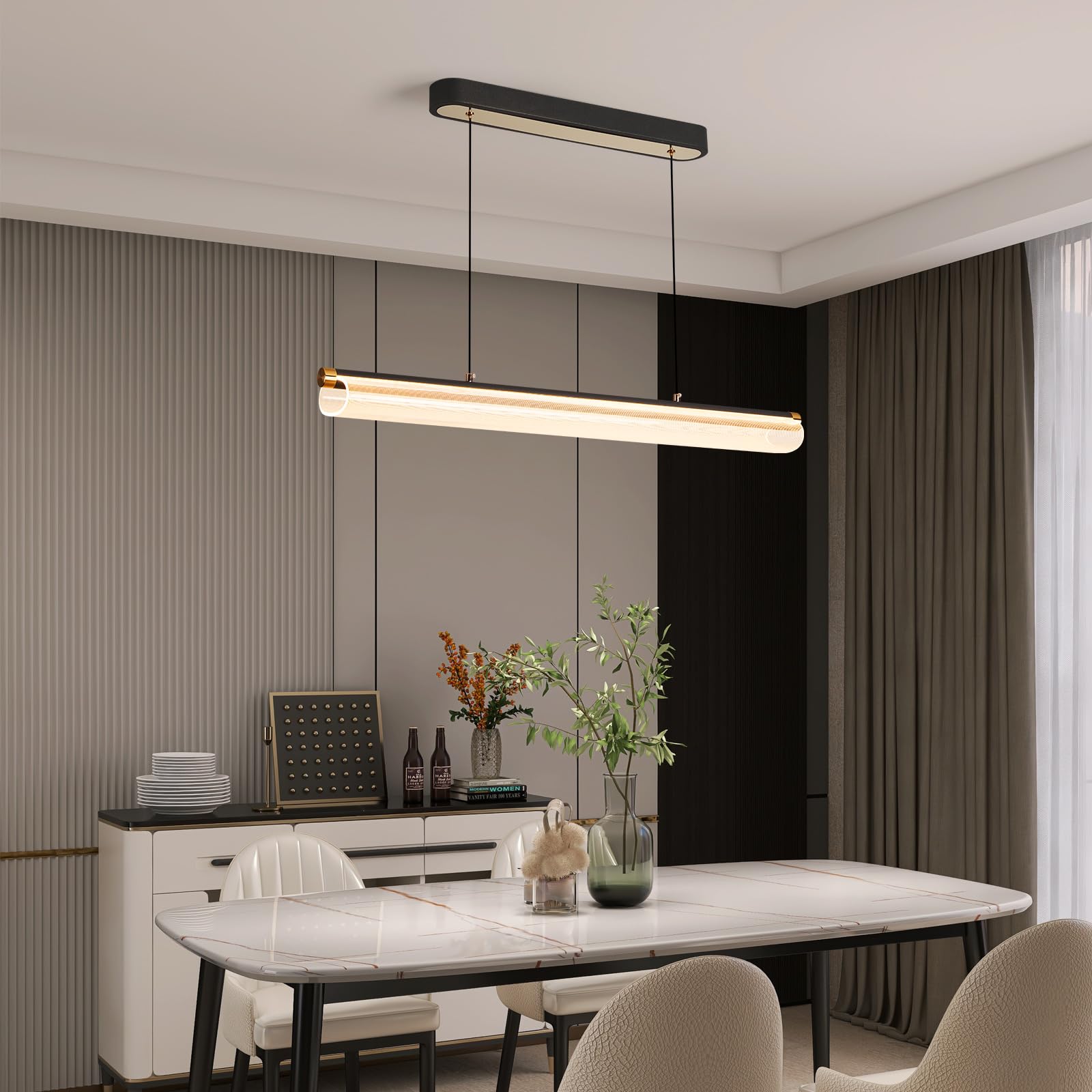 LED Kitchen Island Pendant Light, Linear Pendant, 37.9 Inch Automatic Lifting and Hovering, Modern Dimmable Restaurant Chandelier with Remote for Dining Room Kitchen Island Pool Table