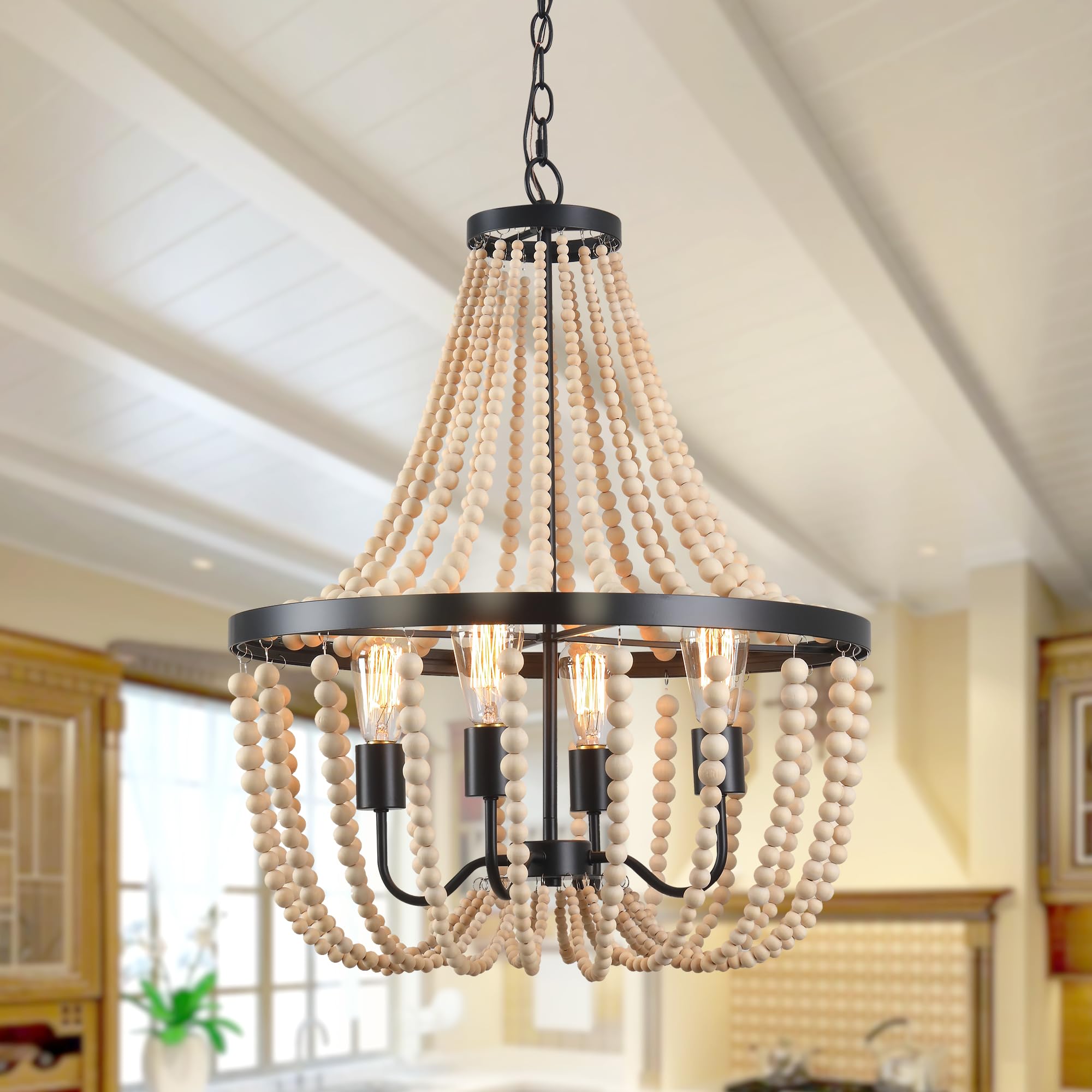 Farmhouse Chandelier,Beaded Chandelier Boho Chandelier 4-Light Large Chandeliers for Dining Room Boho Light Fixture Black Chandelier Wood Chandelier for Bedroom Kitchen Island Foyer Entryway Porch