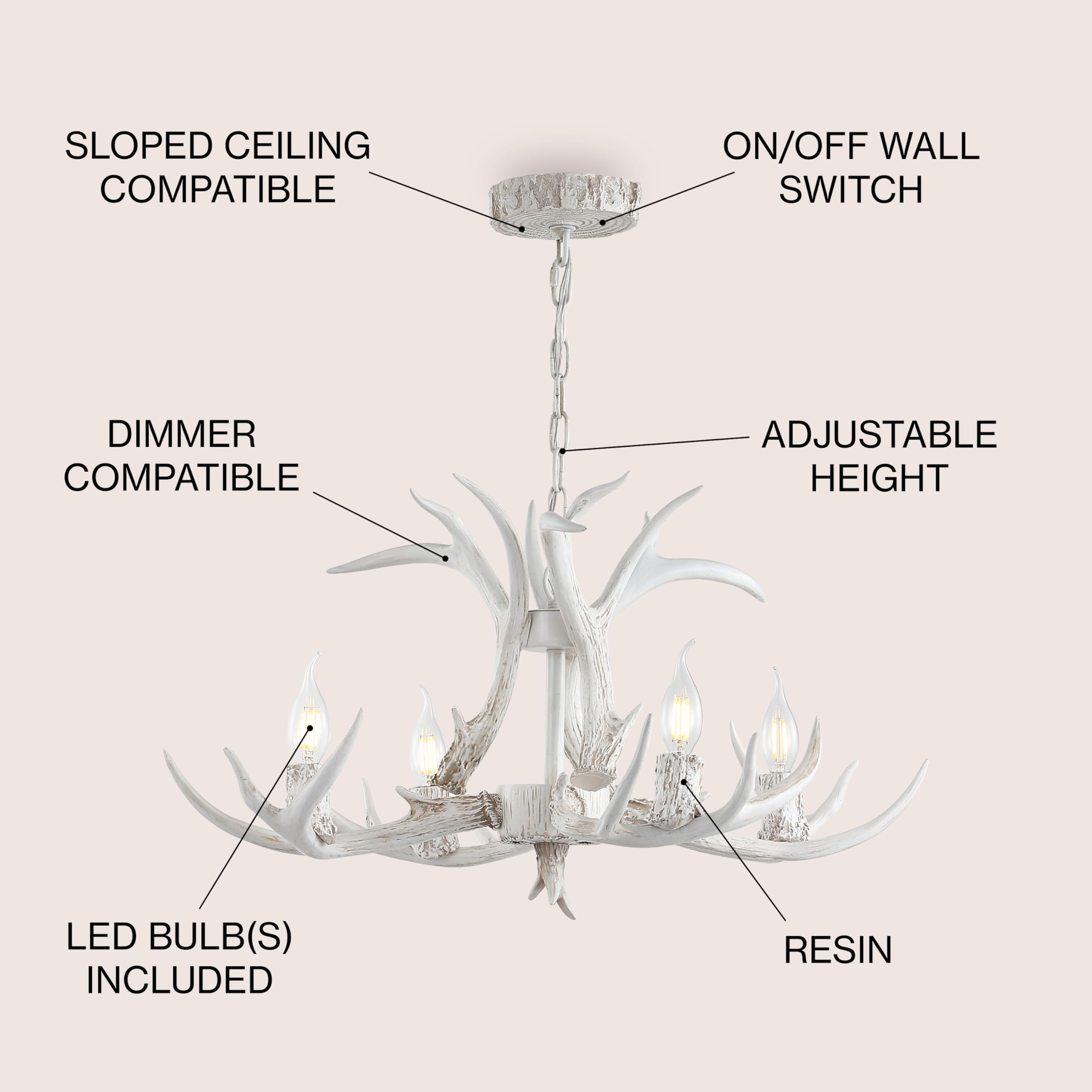 30" Adjustable Resin Antler 5-Light LED Chandelier, Glam, Rustic,Cottage,Transitional, Dimmable Dining Room, Living Room, Kitchen, Foyer, Bedroom, White