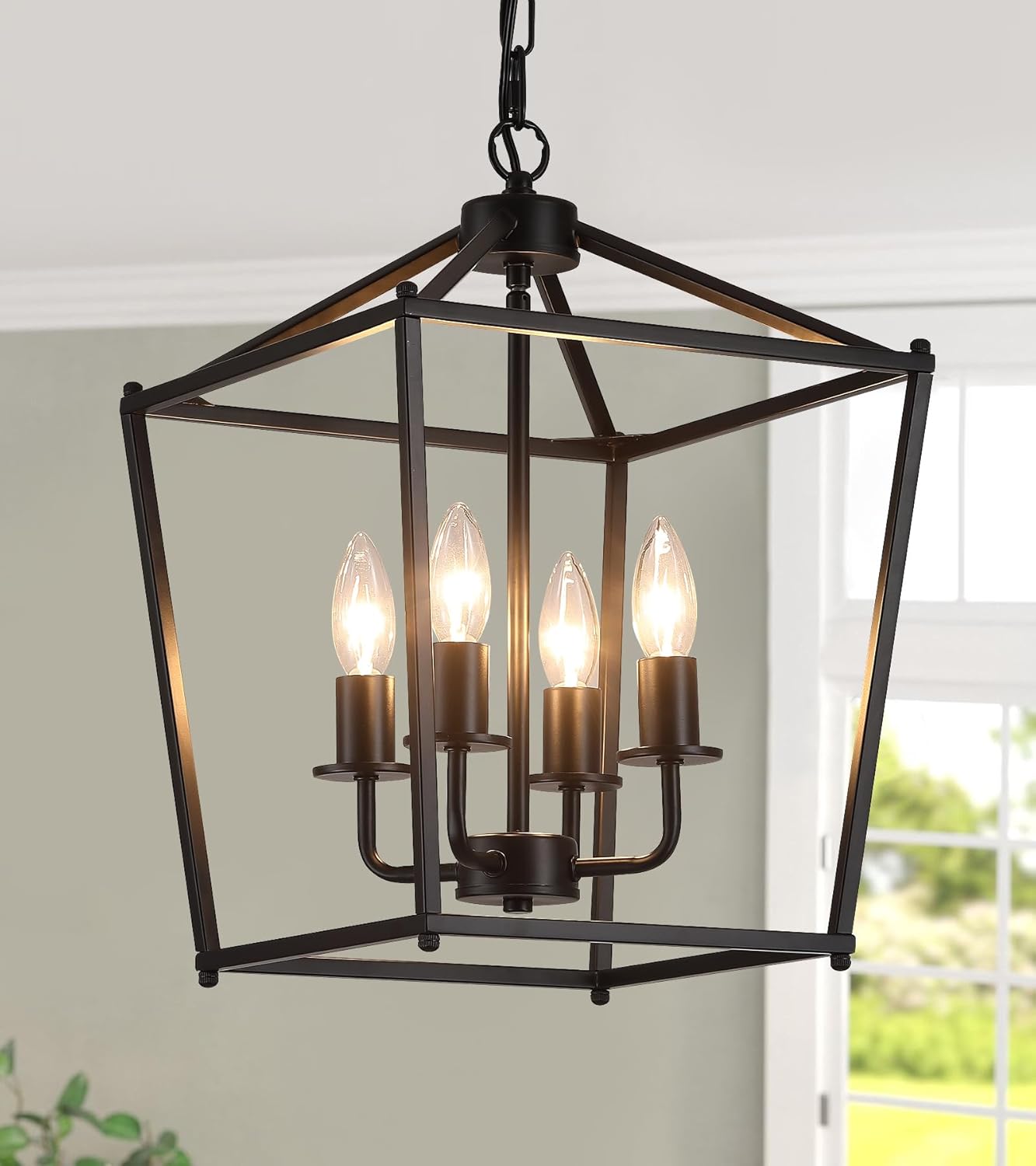 AMZASA UL Listed Black Industrial 4 Light Lantern Chandelier Ceiling Light Fixtures Farmhouse Metal Cage Rustic Geometric Pendant Light for Kitchen Island Entryway Dining Room Stairs and Hallway