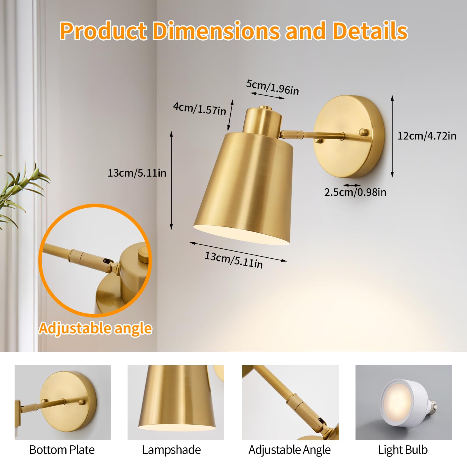 2 Pack Gold Magnetic Wireless Battery Operated Wall Sconces, Dimmable Battery Powered Wall Decor Set of 2, Cordless Indoor Wall Light Lamp with Remote Control for Bedroom Living Room