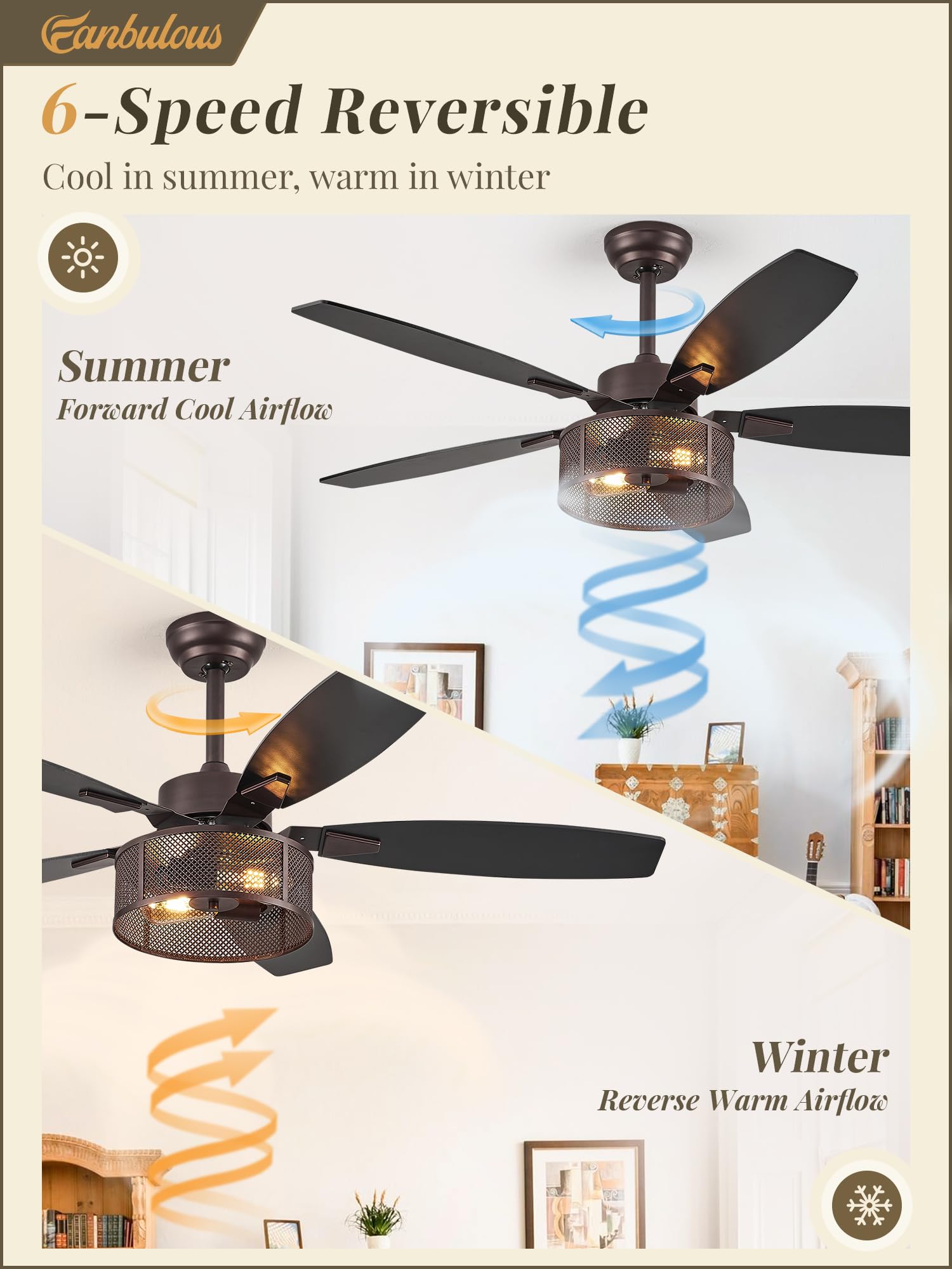 Farmhouse Ceiling Fans with Lights and Remote, 52 Inch Black Industrial Caged Ceiling Fans for Bedroom Living Room Kitchen, 6 Speed Reversible Quiet DC Motor, Dual Finish 5 Blades