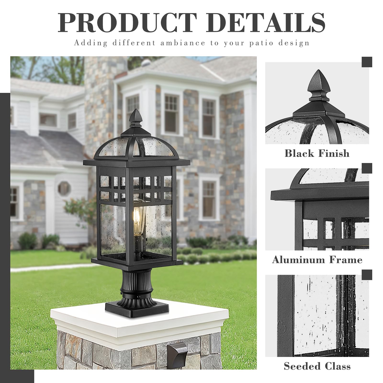 20 Inch Outdoor Pendant Light for Porch, Outdoor Chandelier for Porch, Die-Cast Aluminum with Seeded Glass, Black Finish, DE281H-M BK