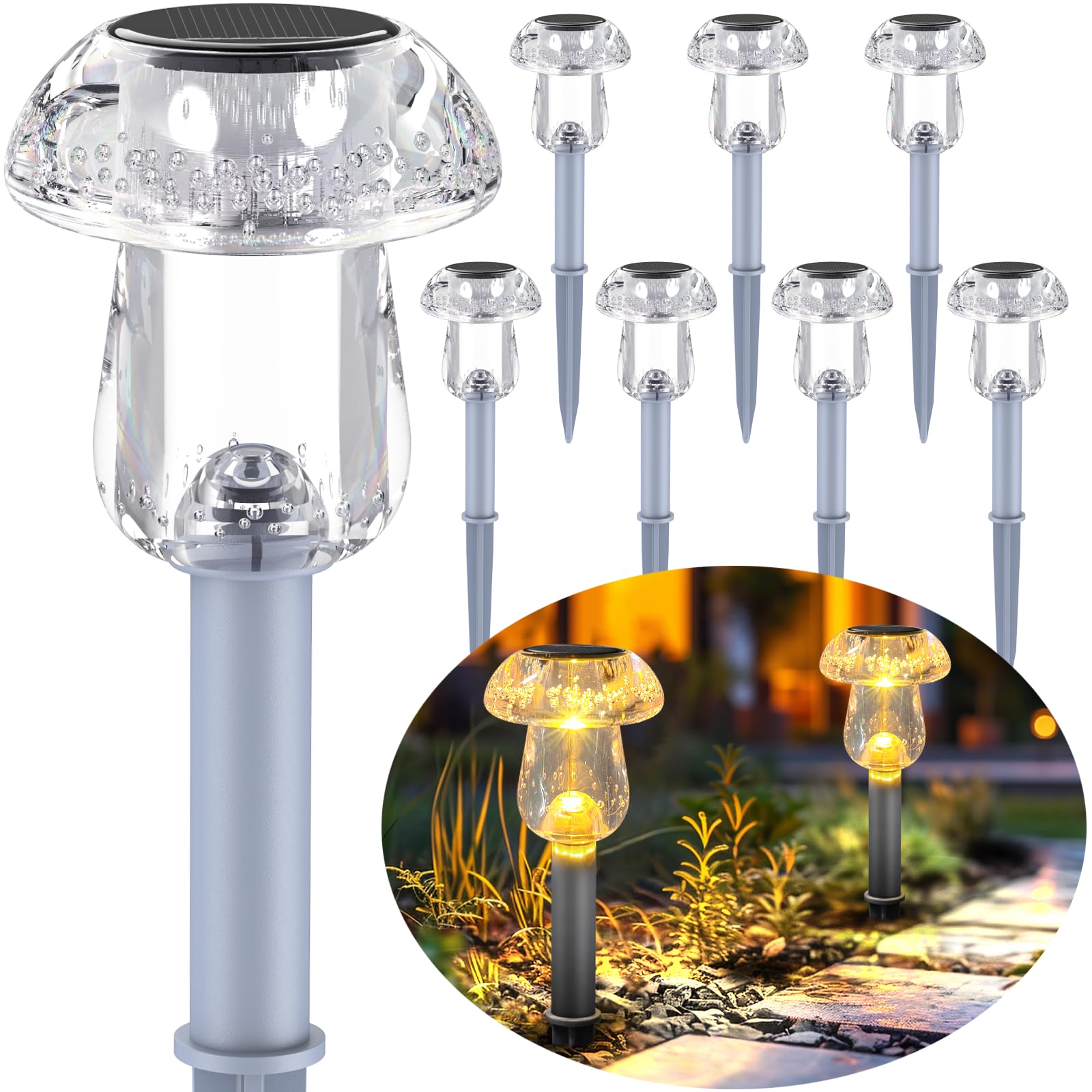 Solar Lights Outdoor, 8 Pack Solar Pathway Lights Outdoor, Solar Powered LED Mushroom Solar Garden Lights, Outdoor Solar Lights for Yard, Landscape, Path, Patio, Outside,Driveway,Backyard (Warm White)