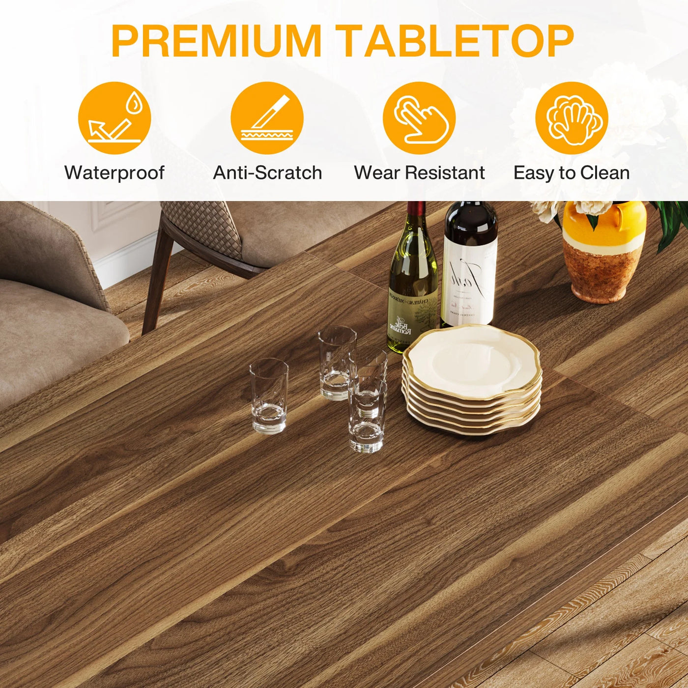 Monter Wooden Dining Table, Rectangular Kitchen Table for 8-10 People