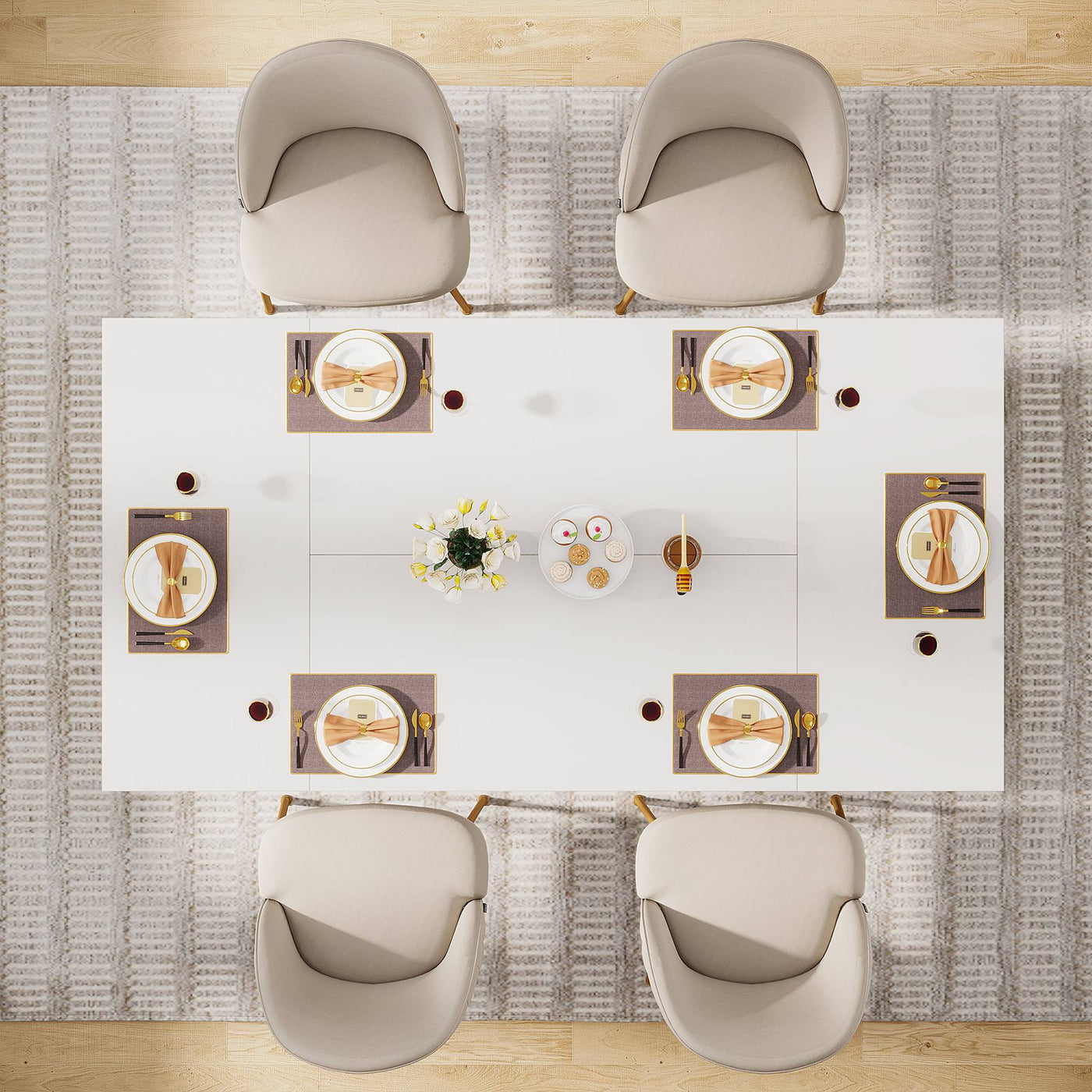 Mesa de comedor moderna Chevre | Mesa de cocina industrial de mármol y madera rectangular, mesa de comedor para 6 personas