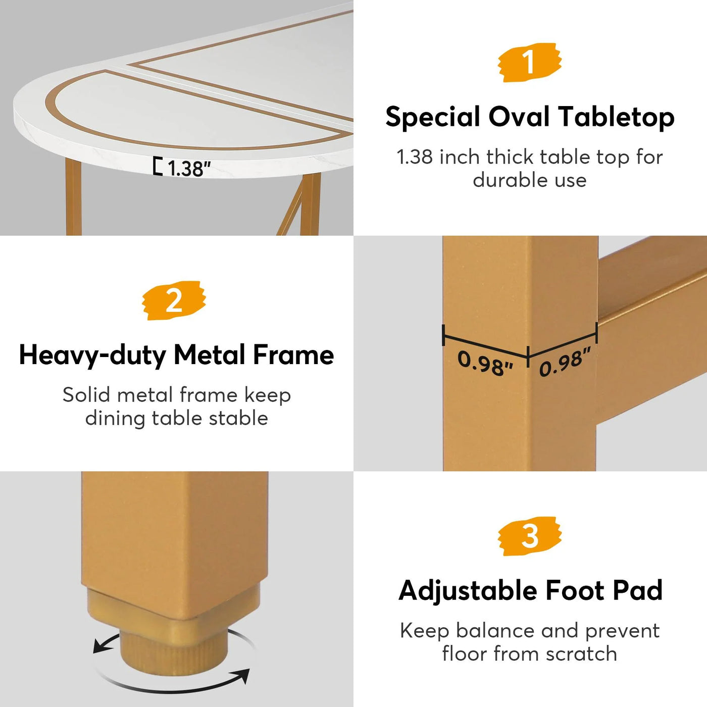 Rivene Oval Dining Table | 70.8 Inch Marble Gold White Modern Kitchen Table for 6 People