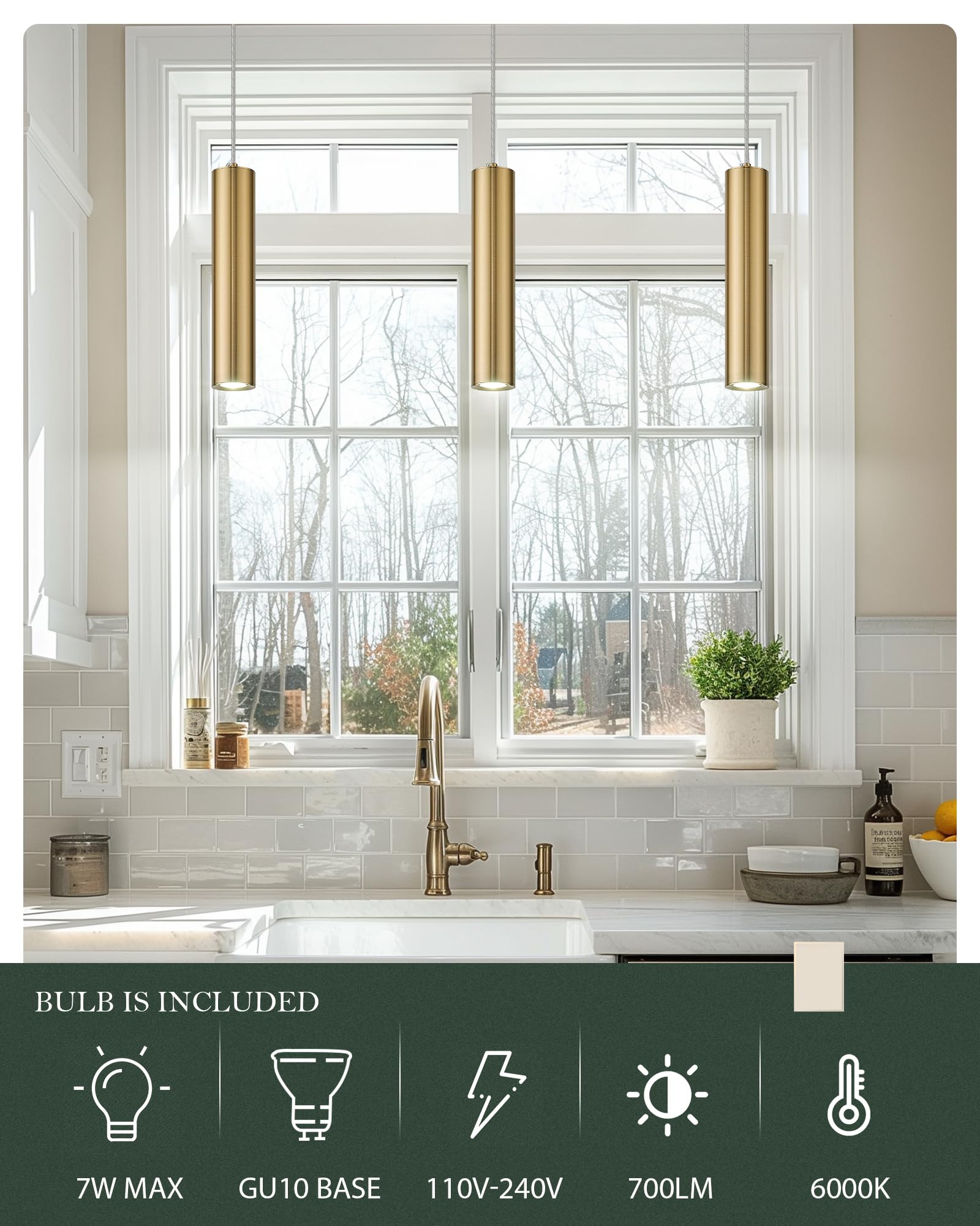 Brass Gold Pendant Light Fixture, Modern Hanging Light for Kitchen Island Dining Room Bedroom (2 Pack), PL4830-1P-BB