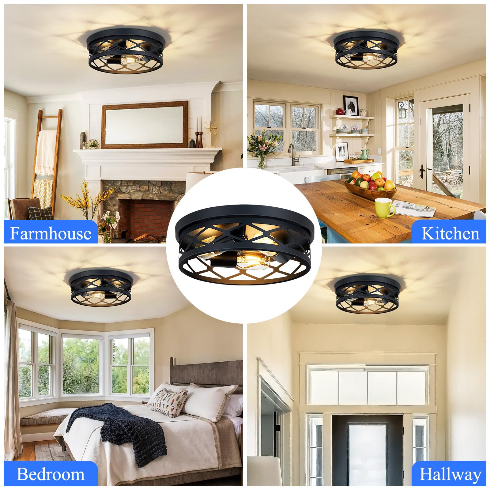 Flush Mount Ceiling Light Fixture,3-Light Ceiling Light Fixture for Hallway, Black Hallway Light Fixtures Ceiling,Light Fixtures Ceiling Mount for Kitchen,Farmhouse,Hall (1 Pack) (13.1inch)