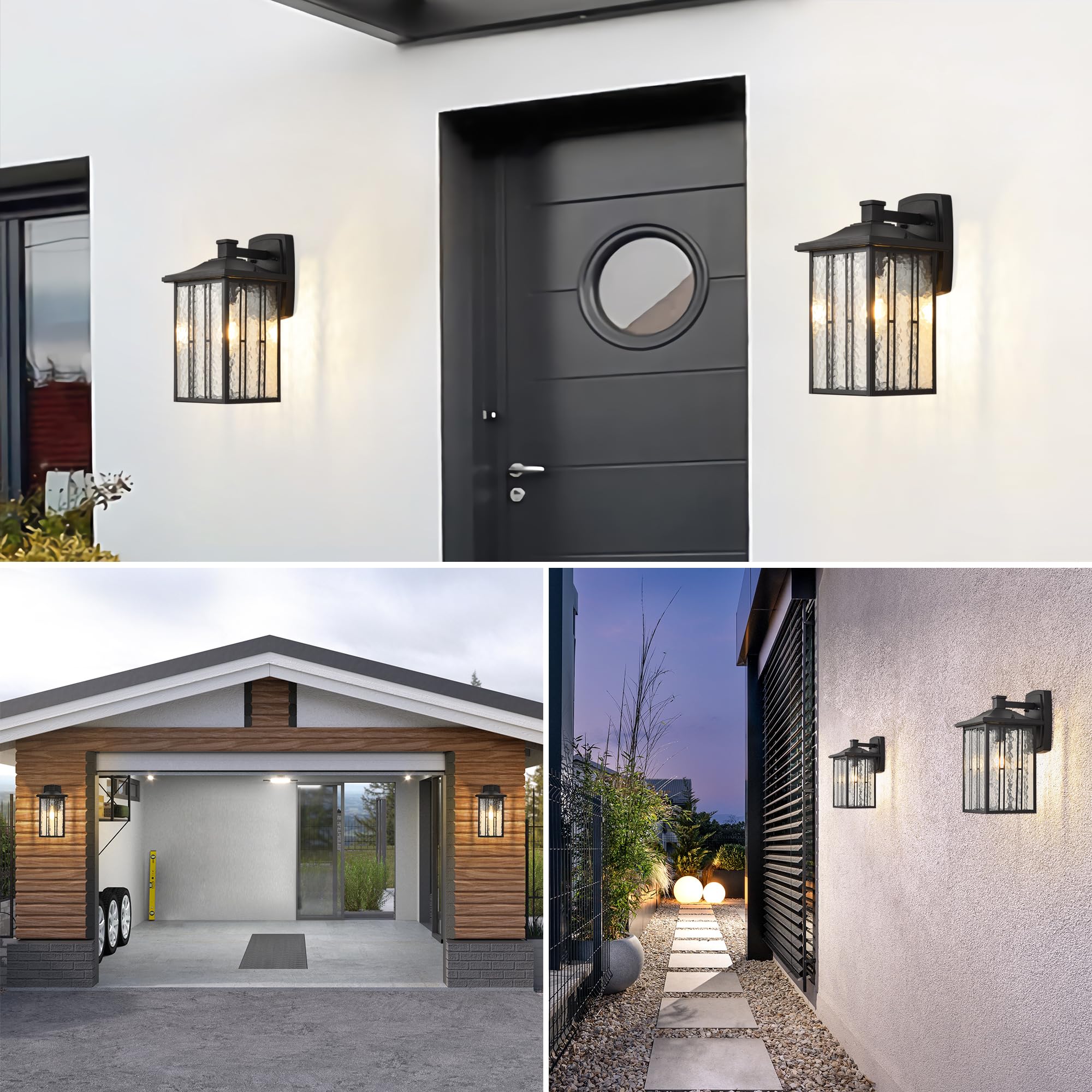 Outdoor Pendant Light, Black Exterior Hanging Lights, LED Outdoor Chandelier, Modern Hanging Lantern for Porch, Ceiling Entry Porch Patio Matte Black with Water-Rippled Glasses