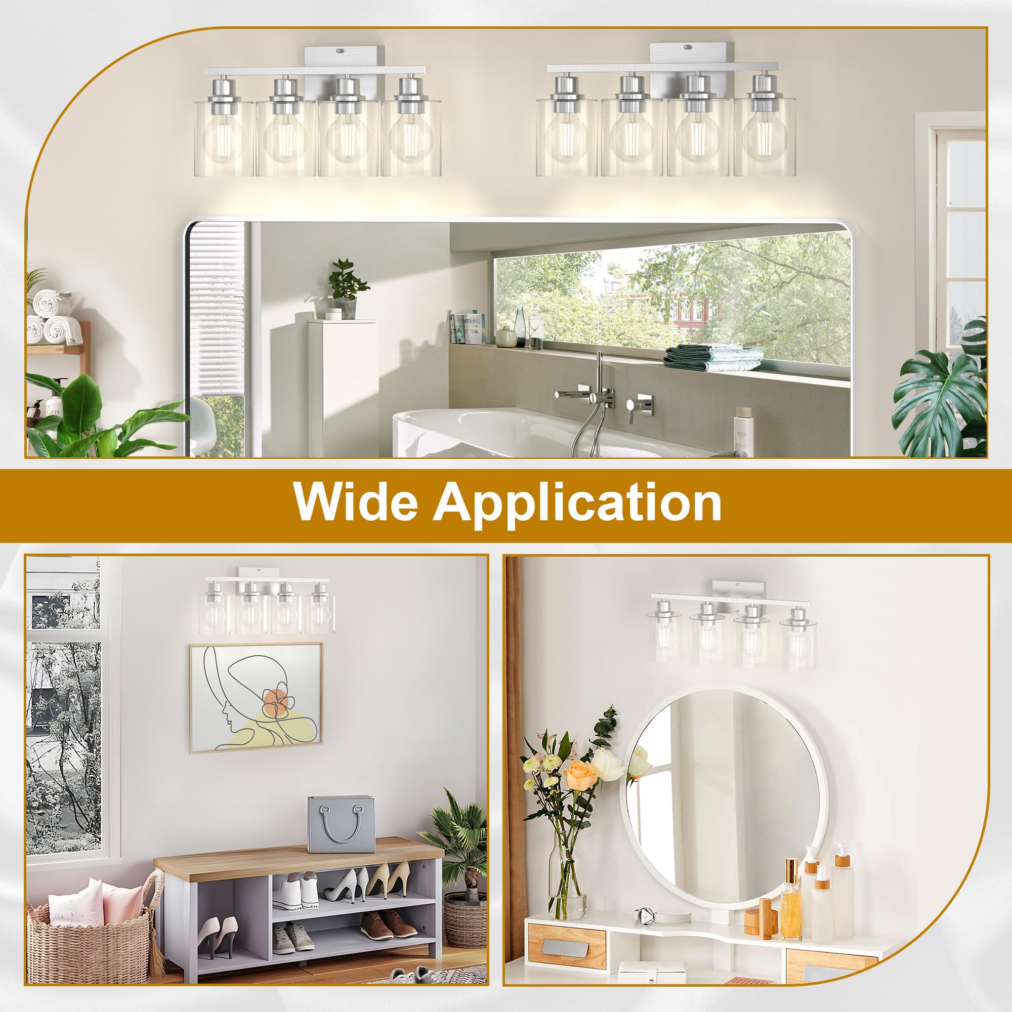 Bathroom Lighting Fixtures Over Mirror Brushed Nickel, Rustproof 3-Light Vanity Lights for Bathroom, 18Inches Modern Wall Sconces E26 Base, Transparent Clear Glass Shades, Bulbs Not Included