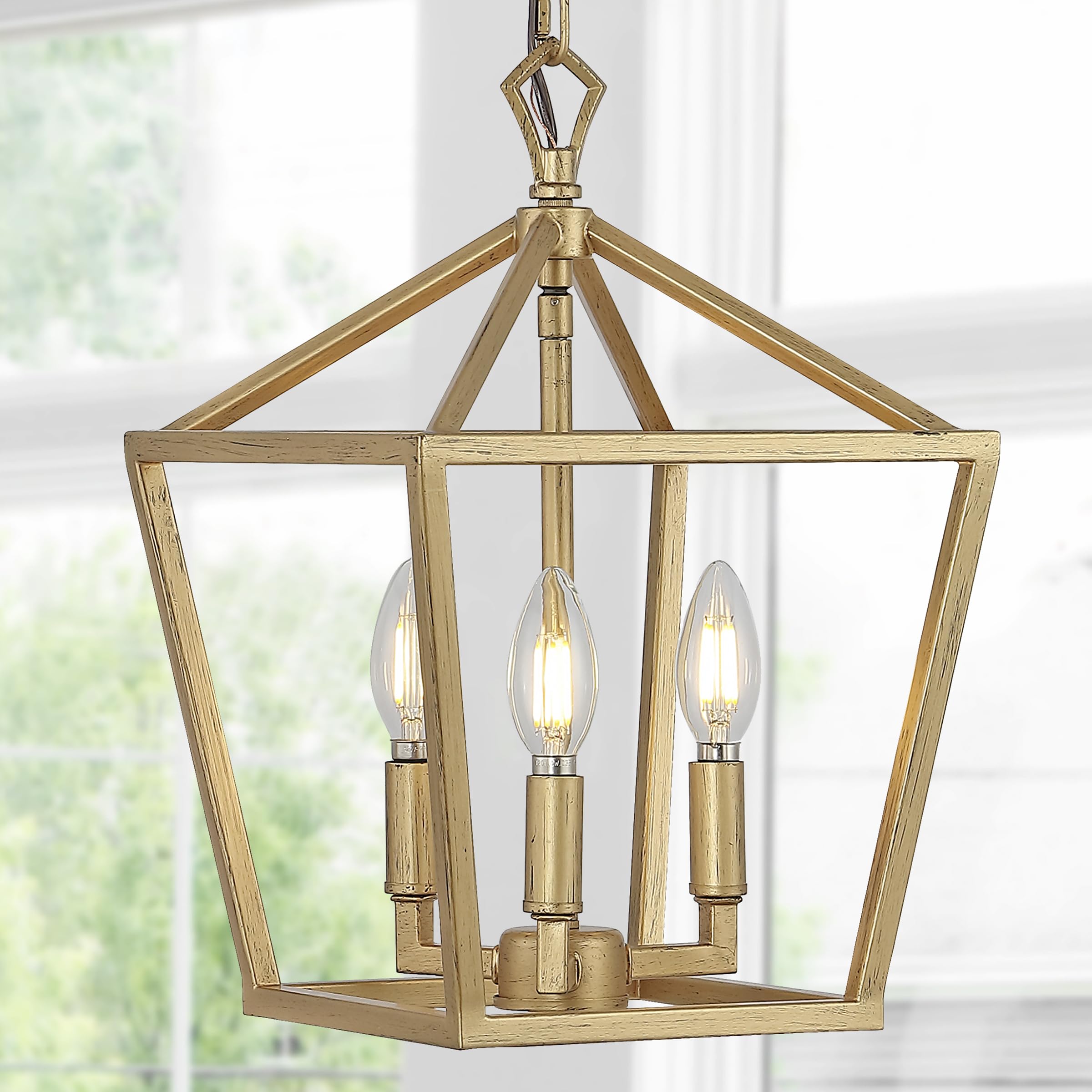 Lantern Dimmable Adjustable Metal LED Pendant Classic Traditional Farmhouse Dining Room Living Room Kitchen Foyer Bedroom Hallway, 10 in, Antique Gold