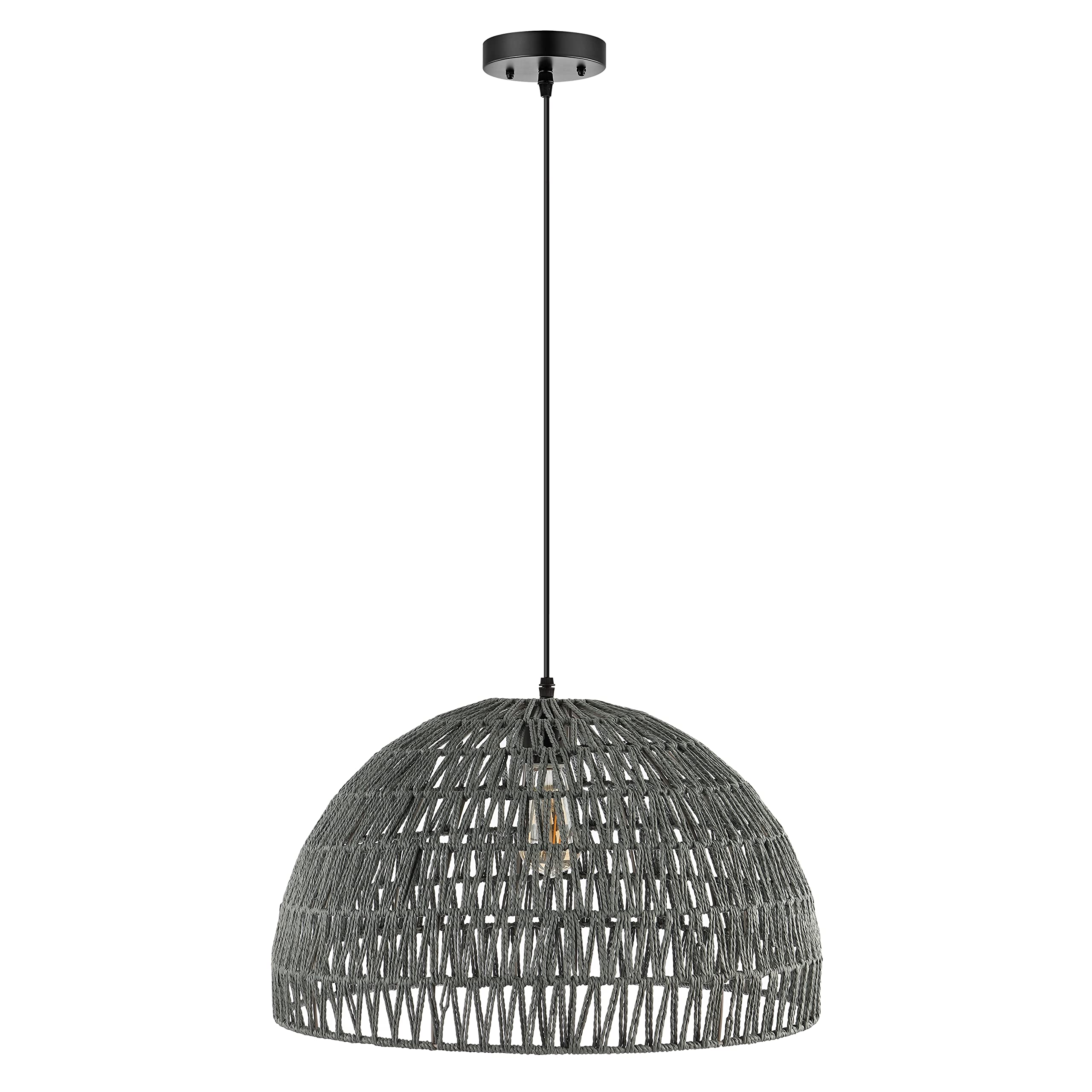 20" 1-Light Bohemian Modern Woven Rattan/Iron LED Pendant Farmhouse Coastal Adjustable Dining Room Living Room Kitchen Island Foyer Bedroom Hallway, Black