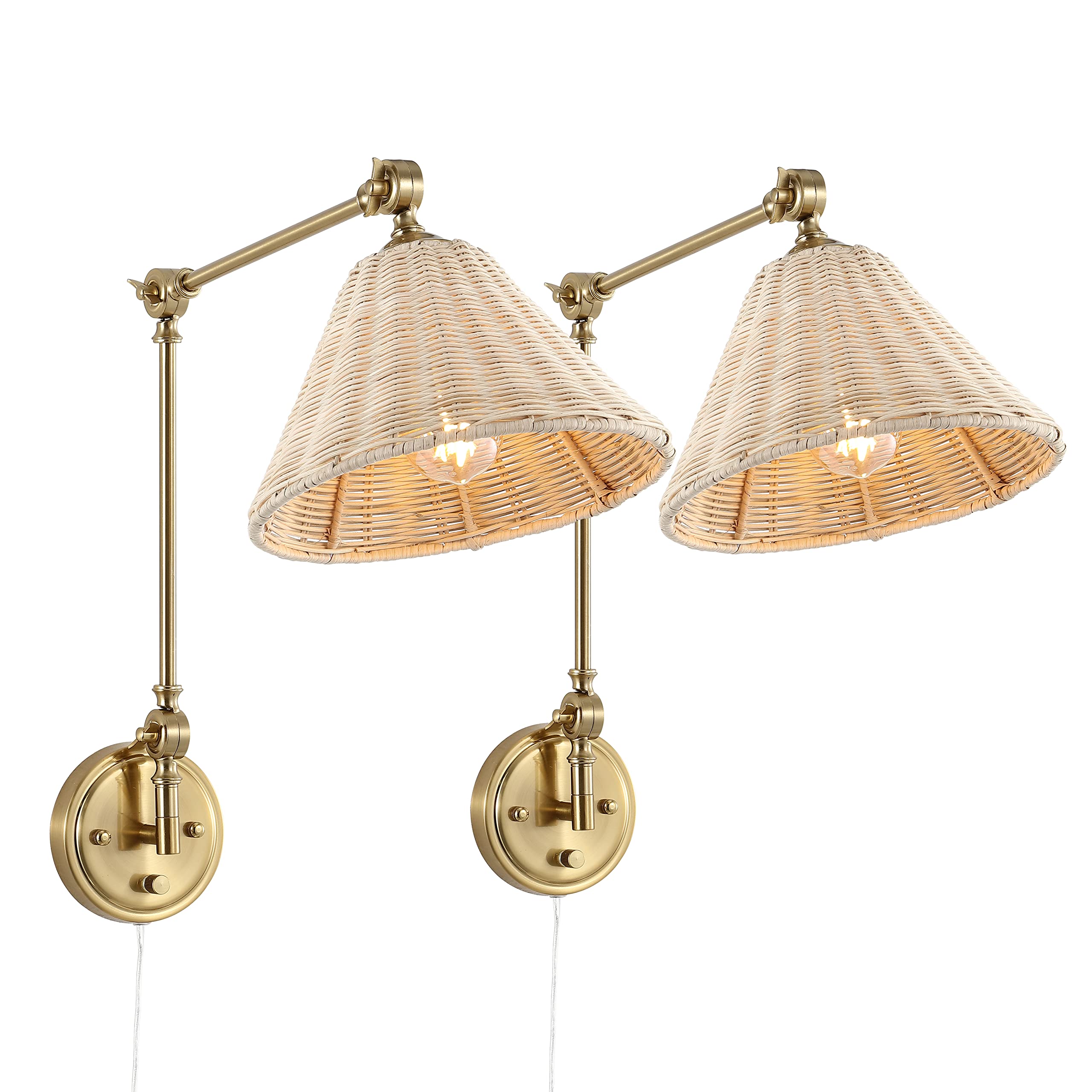 Wall Sconce Rattan Wrapped Wall Lamp, Adjustable Swing Arm Wall Light Gold Vintage Bedside Light Fixture Wicker Handmade Shade Brass Reading Light Plug in or Hardwire (2 Pack)